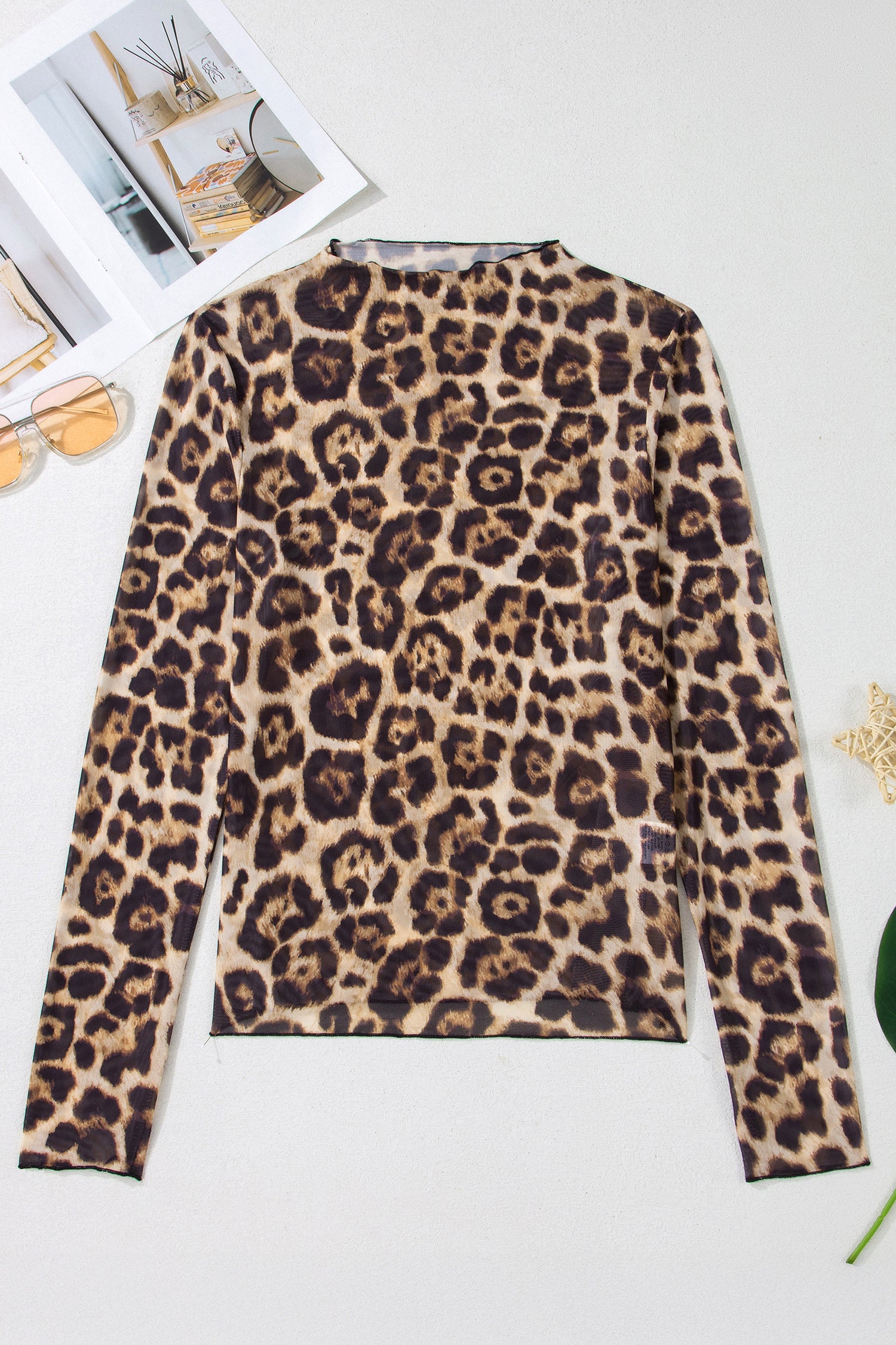 Western Print Slim Fit Mesh Mock Neck Long Sleeve Top