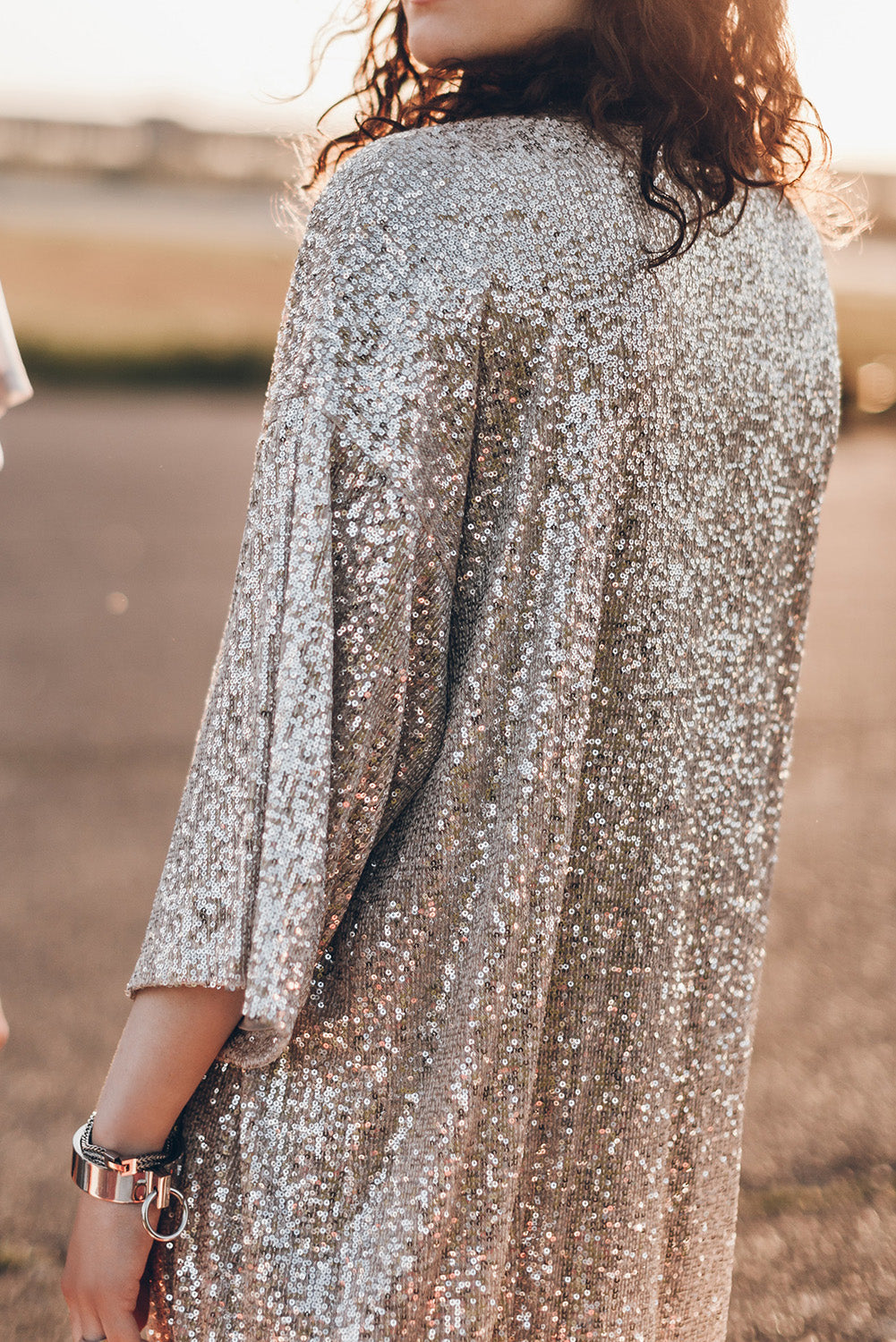 Black Sequin 3/4 Sleeve Open Front Duster Kimono eAura