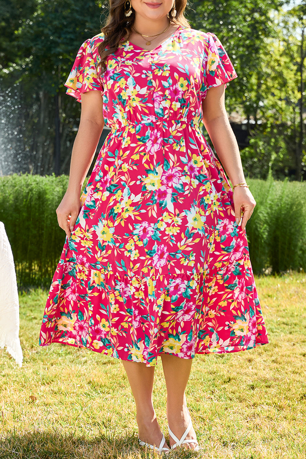 Pink Floral Print V Neck Pocketed High Waist Plus Size Midi Dress BB Fashion Outlet
