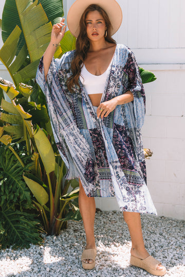 Retro Floral Print Long Loose Open Front Kimono – Blue