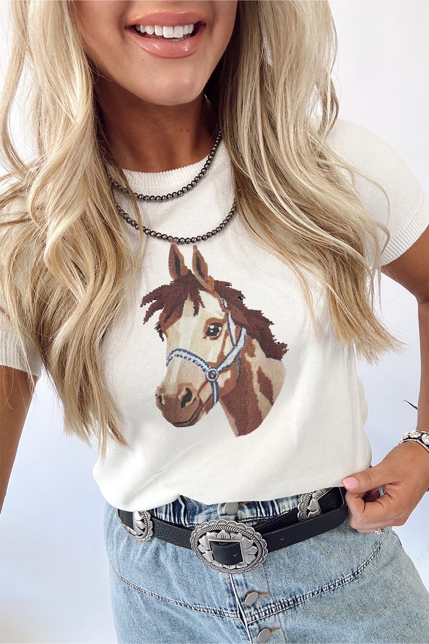 White Wild West Horse Head Print Short Sleeve Sweater