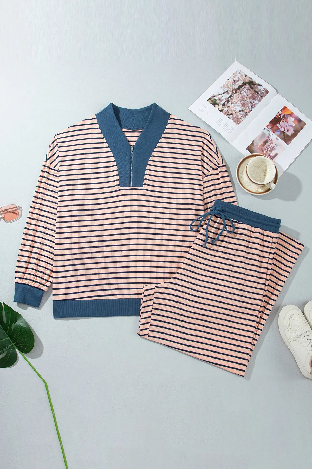 Striped Colourblock V Neck Long Sleeve Plus Size Set – Pink Stripe