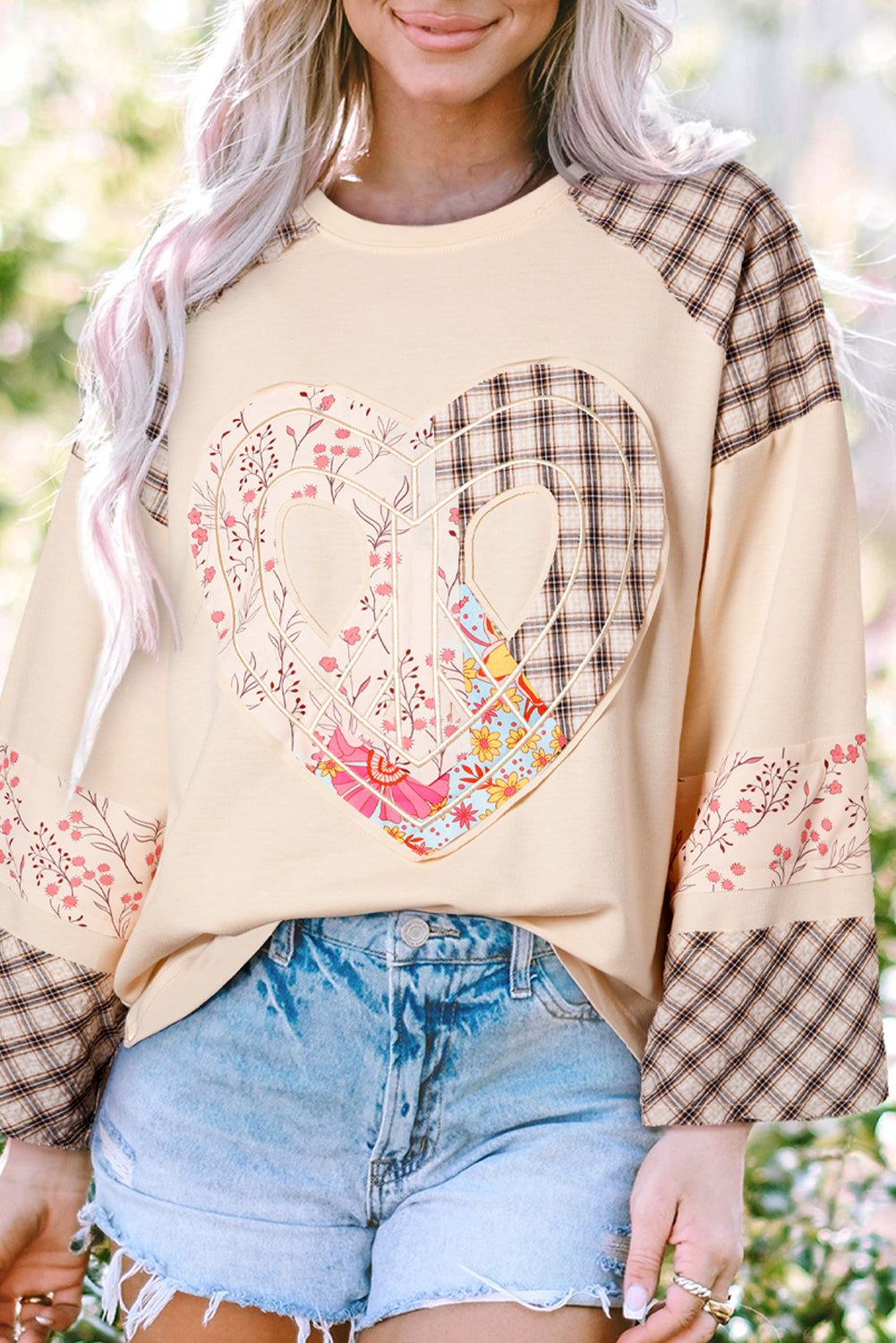 Clearly Aqua Plaid Floral Peace Heart Graphic Wide Long Sleeve Top Beagle Boutique Fashion Outlet