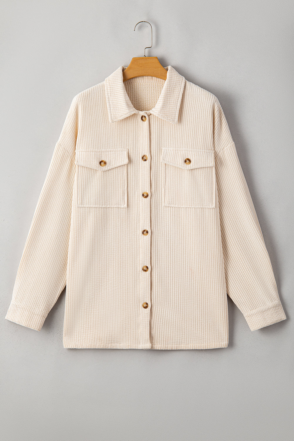 Oatmeal Textured Flap Pockets Buttoned Plus Size Shacket Beagle Boutique Fashion Outlet