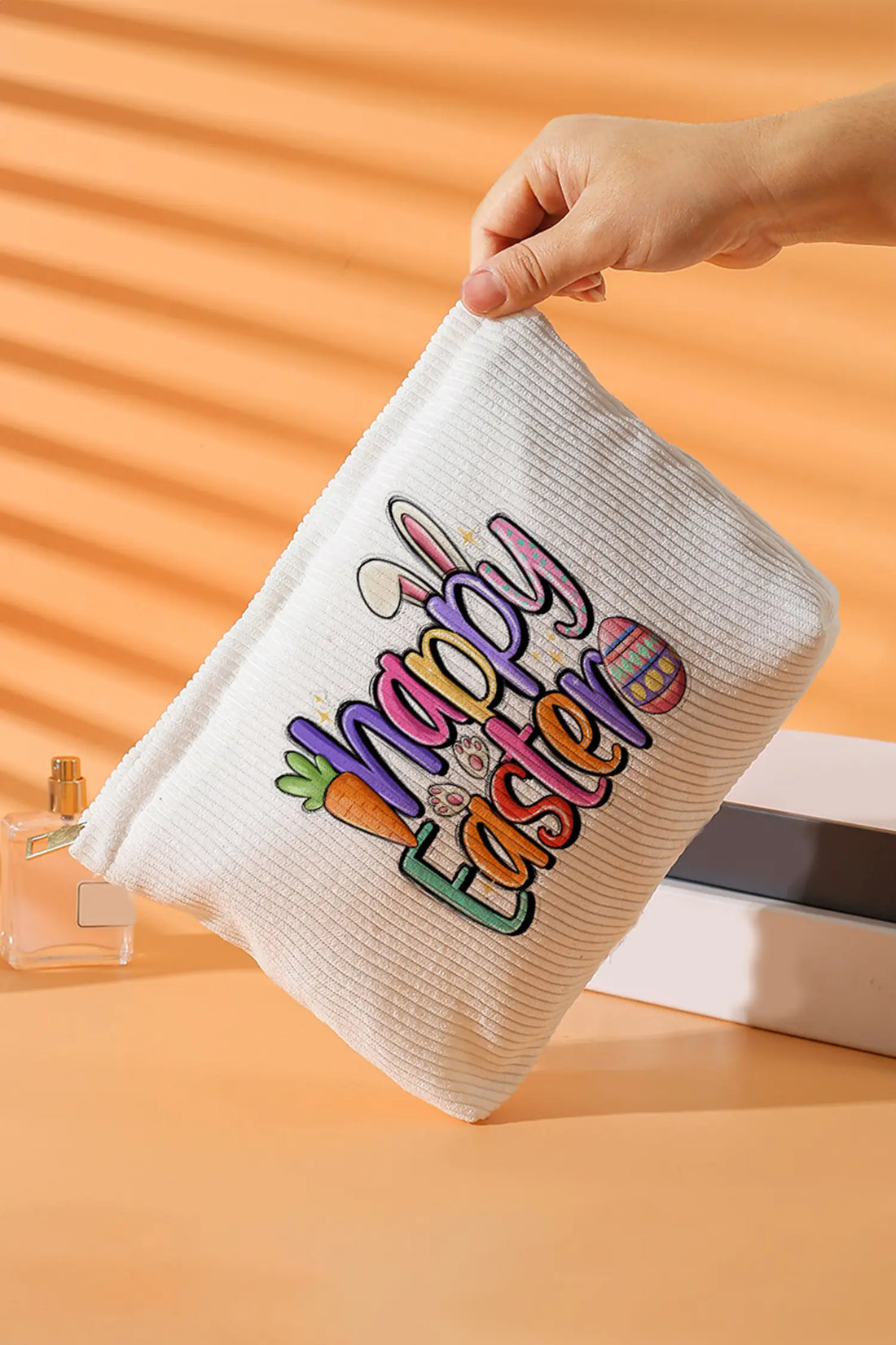 Happy Easter Playful Printed Ribbed Makeup Bag