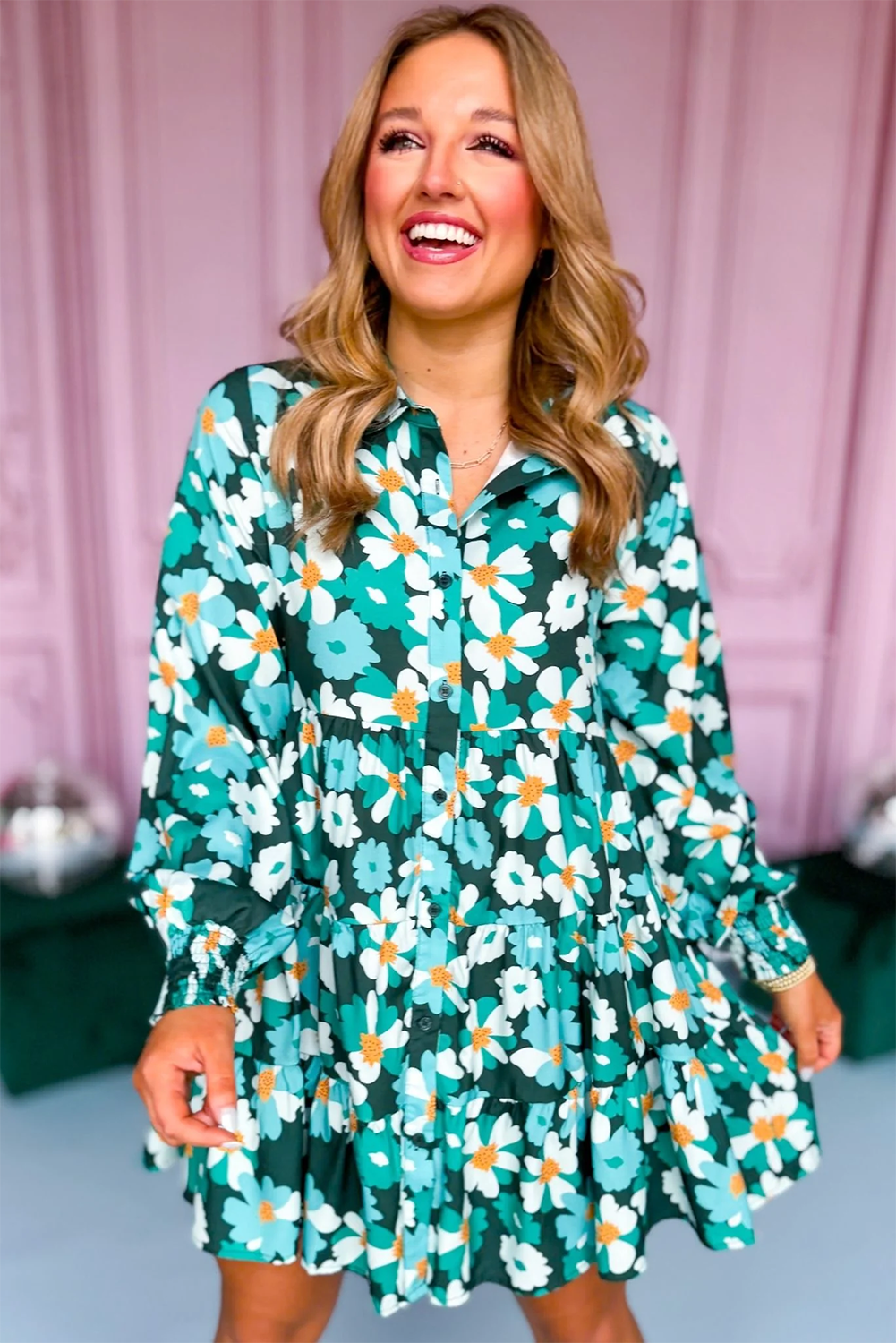 Green Floral Tiered Long Puff Sleeve Shirt Dress eAura