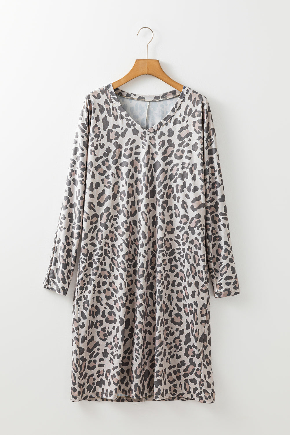 Gray Leopard Print V Neck Loose Fit Mini Dress Beagle Boutique Fashion Outlet