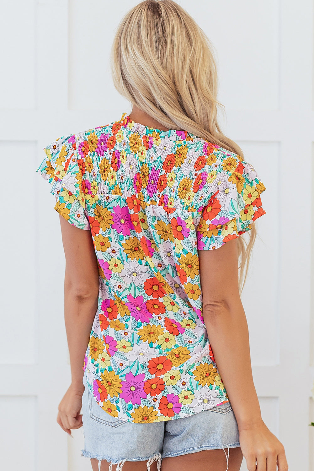 Yellow Floral Print Shirred Tiered Ruffled Sleeve Blouse eAura