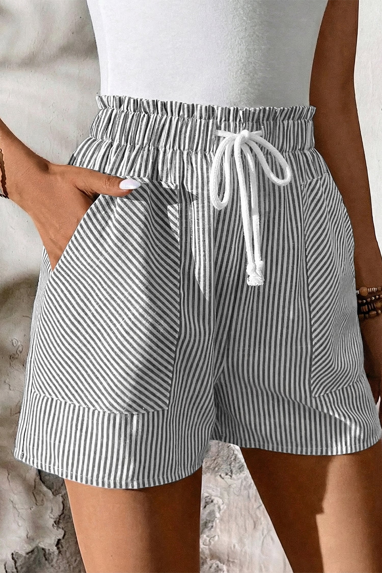 Grey Stripe Lace-Up Shorts with Pockets