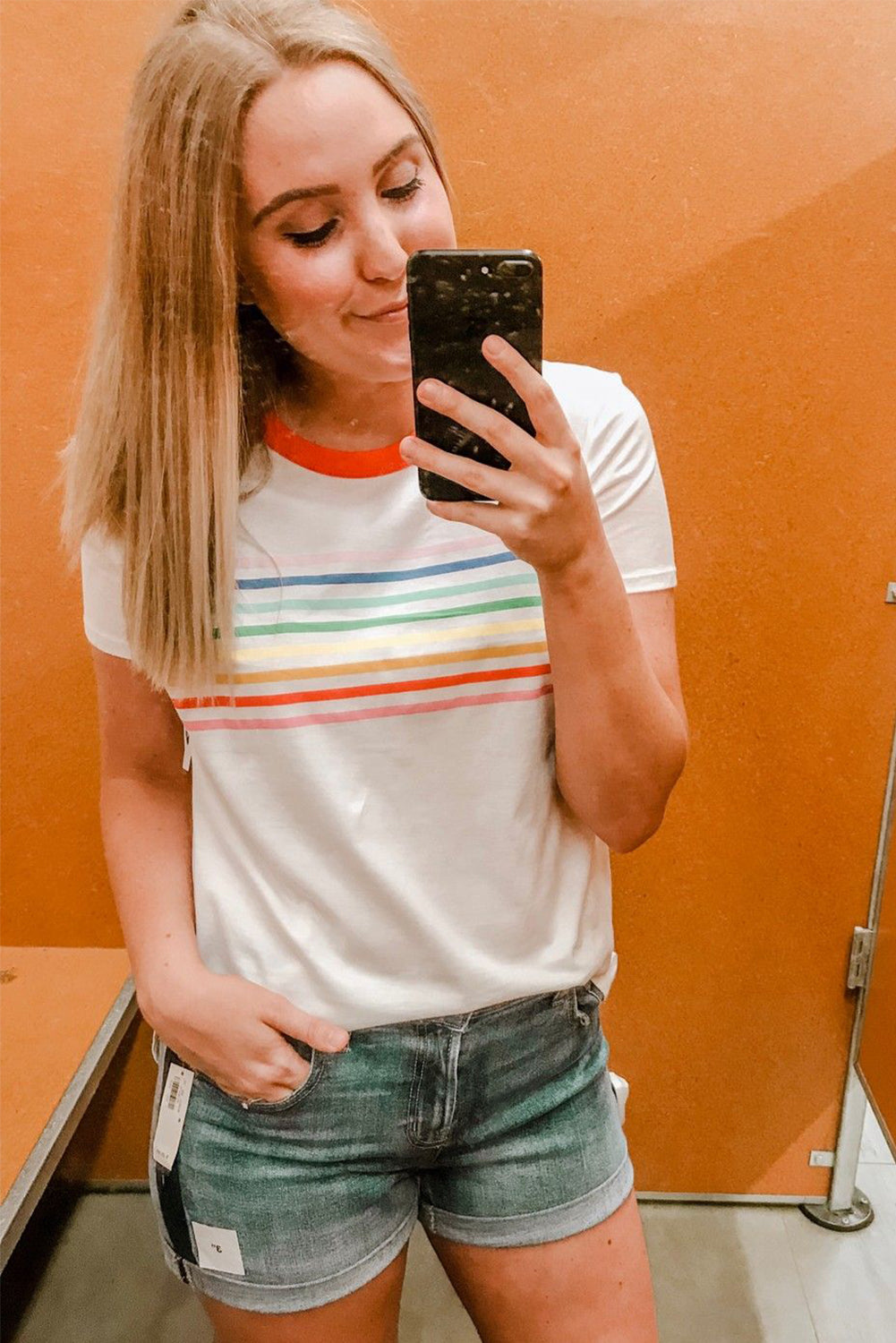 White Rainbow Stripe Print Contrast Crewneck T Shirt eAura