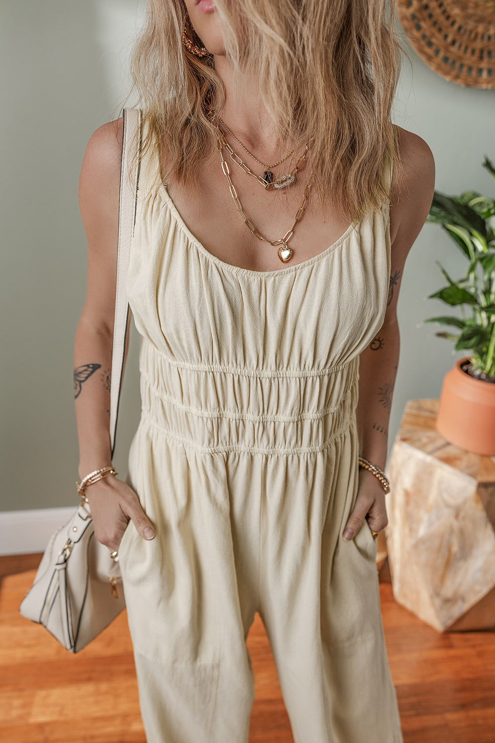 Beige Ruched High Waist Sleeveless Wide Leg Jumpsuit eAura
