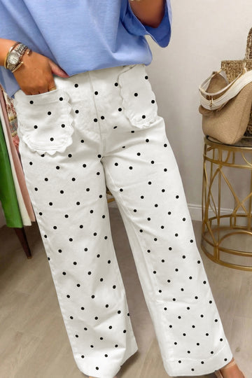 White Polka Dot Scalloped Pocket Cotton Shift Pants