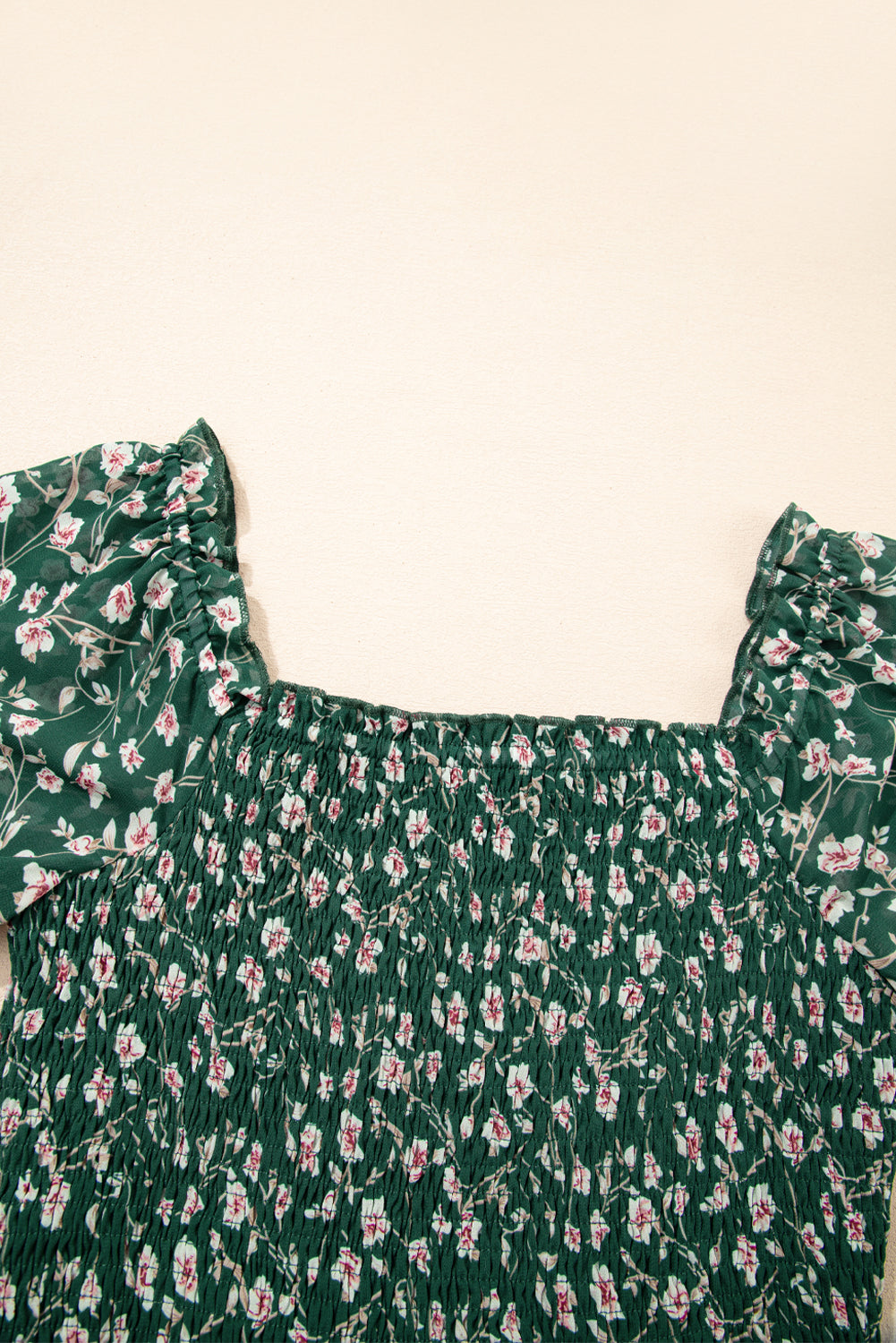 Green Smocked Square Neck Puff Short Sleeve Floral Dress eAura