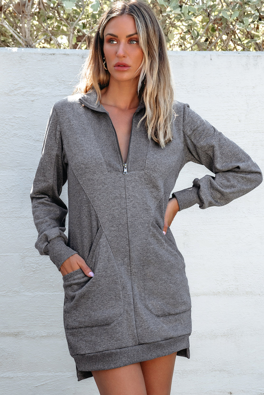 Zip-up Collared Ribbed Sweatshirt Dress with Pockets
