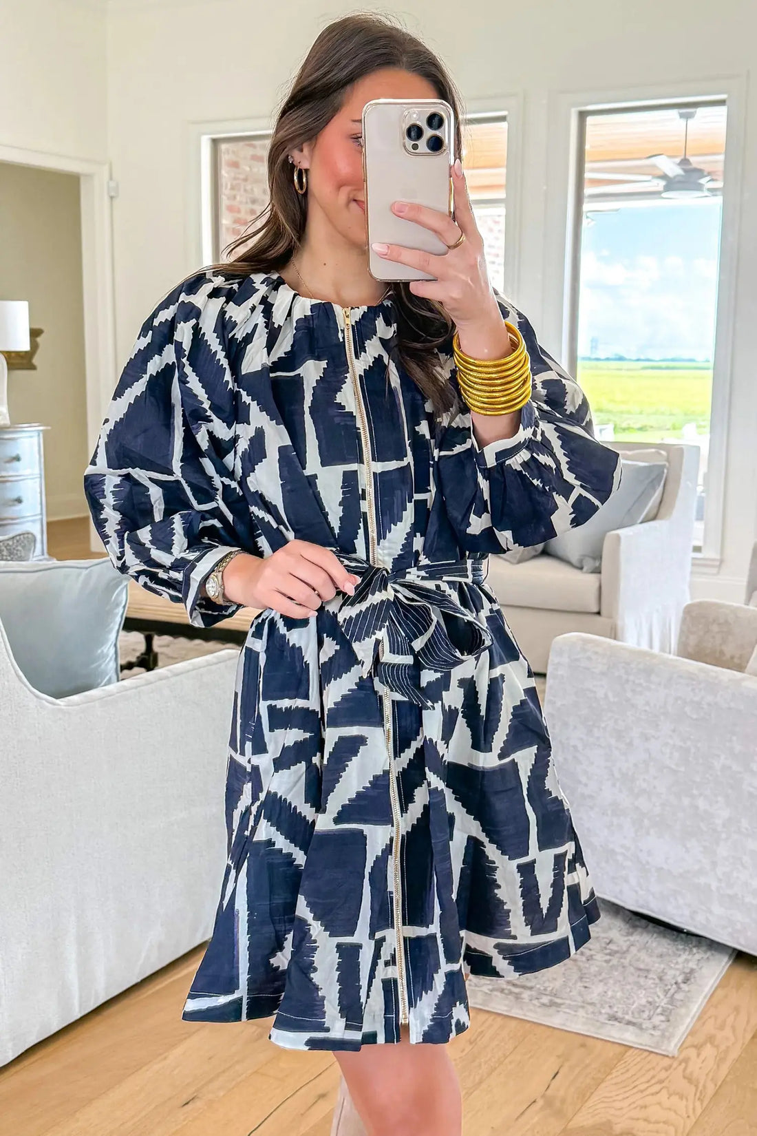 Abstract Geometric Print Zip Front Tie Waist Shift Dress – Blue