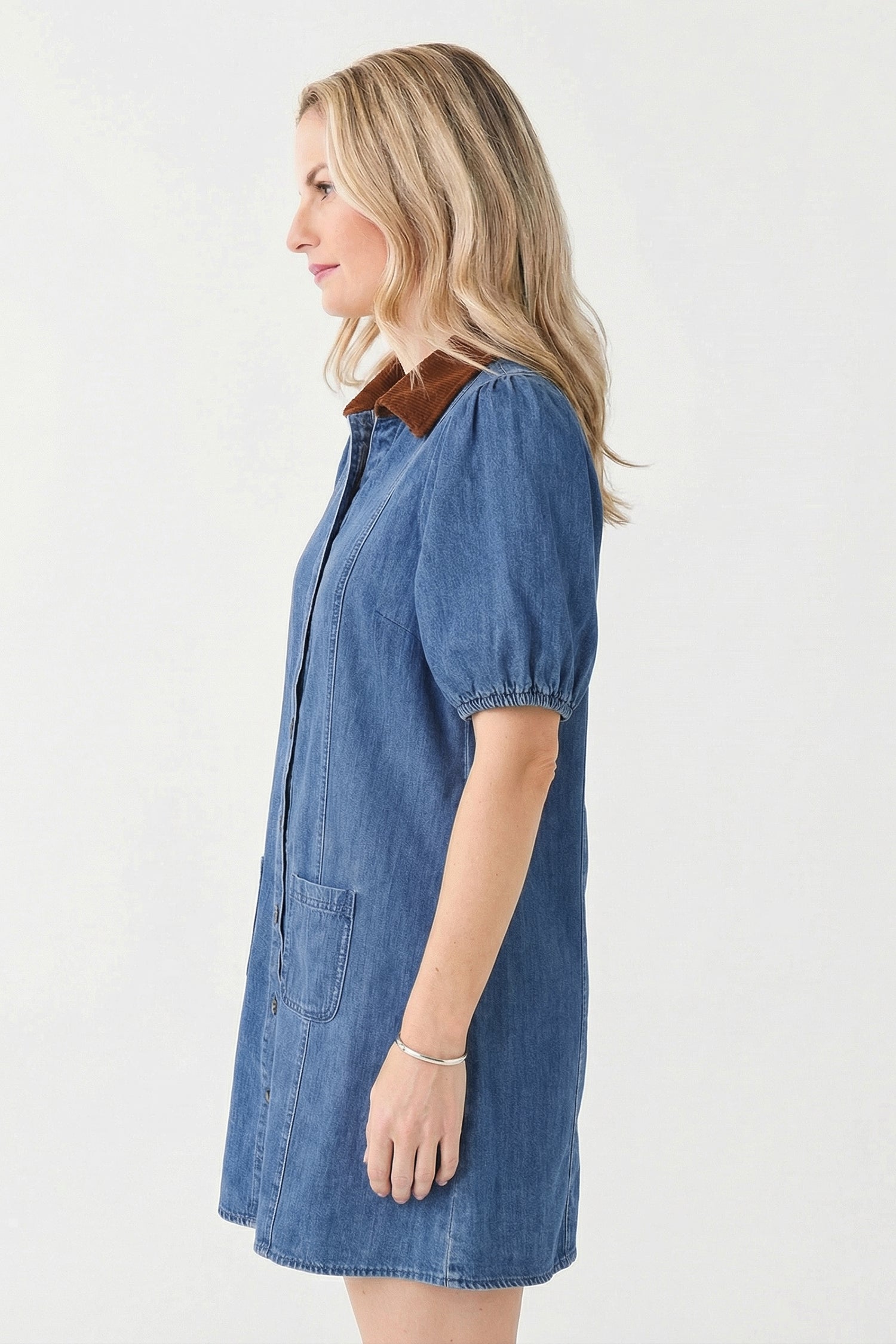 Denim Short Puff Sleeve Collared Mini Dress