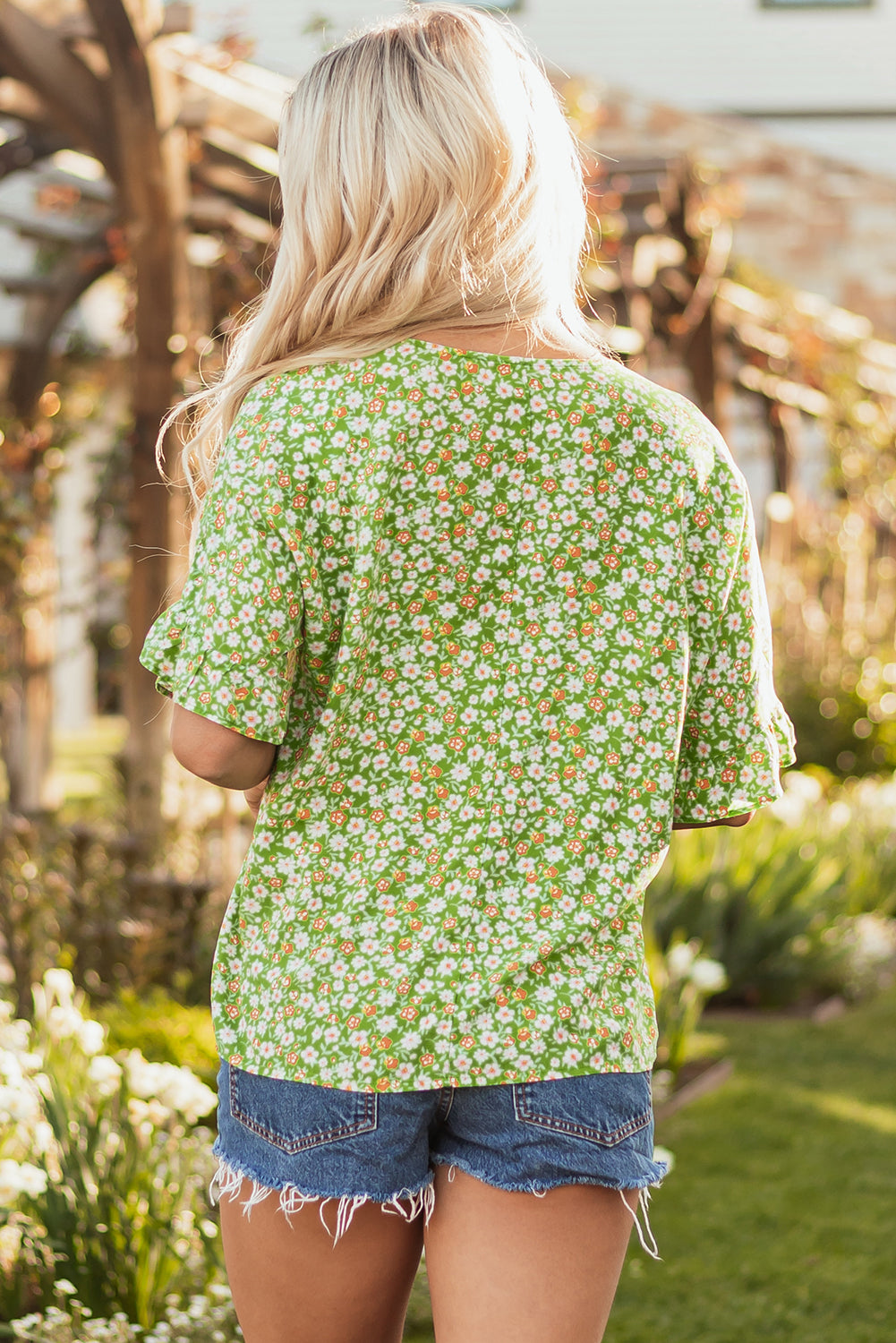 Green Floral Print Ruffle Sleeve V Neck Blouse Top eAura
