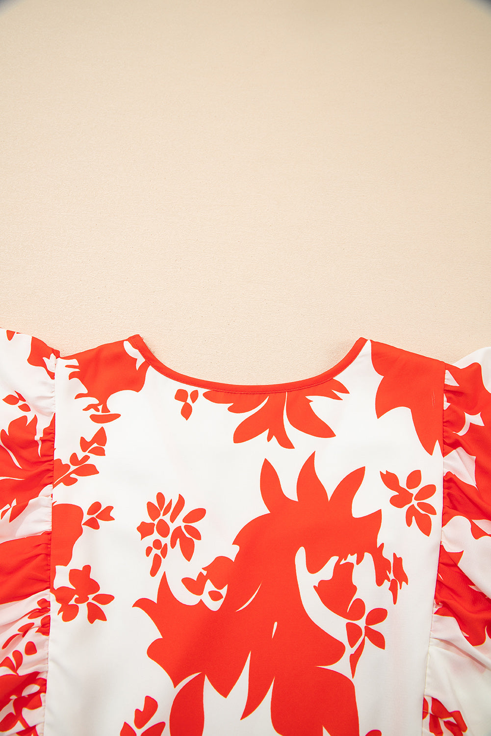 Red Floral Print Trimmed V-Neck Ruffle Sleeve Long Dress eAura