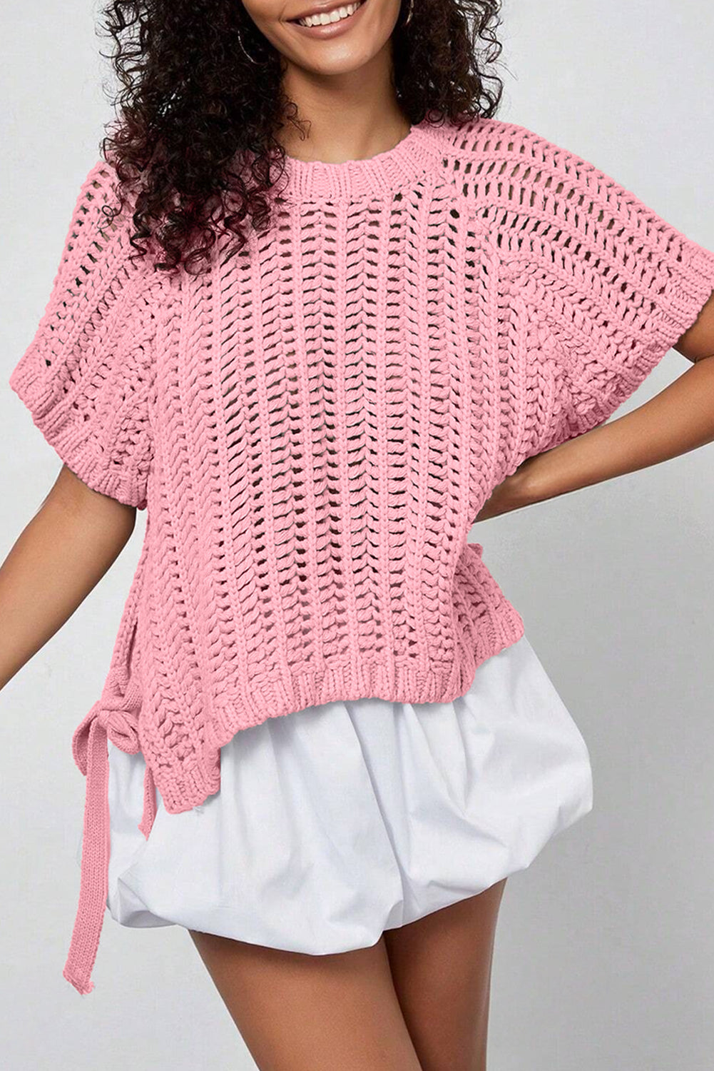 Plus Size Open Knit Bow Tie Short Sleeve Sweater - eAura