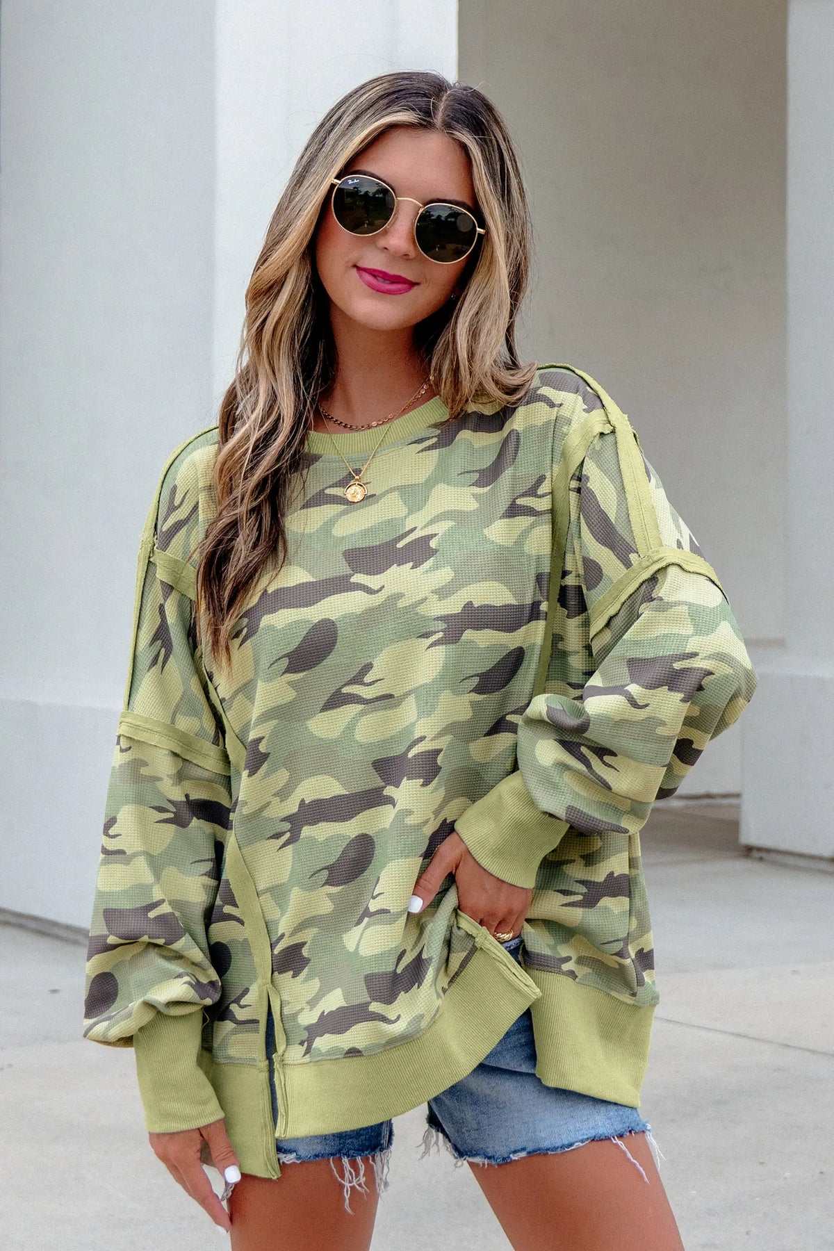 Camouflage Waffle Knit Raw Edge Contrast Trim Oversized Long Sleeve Top – Green