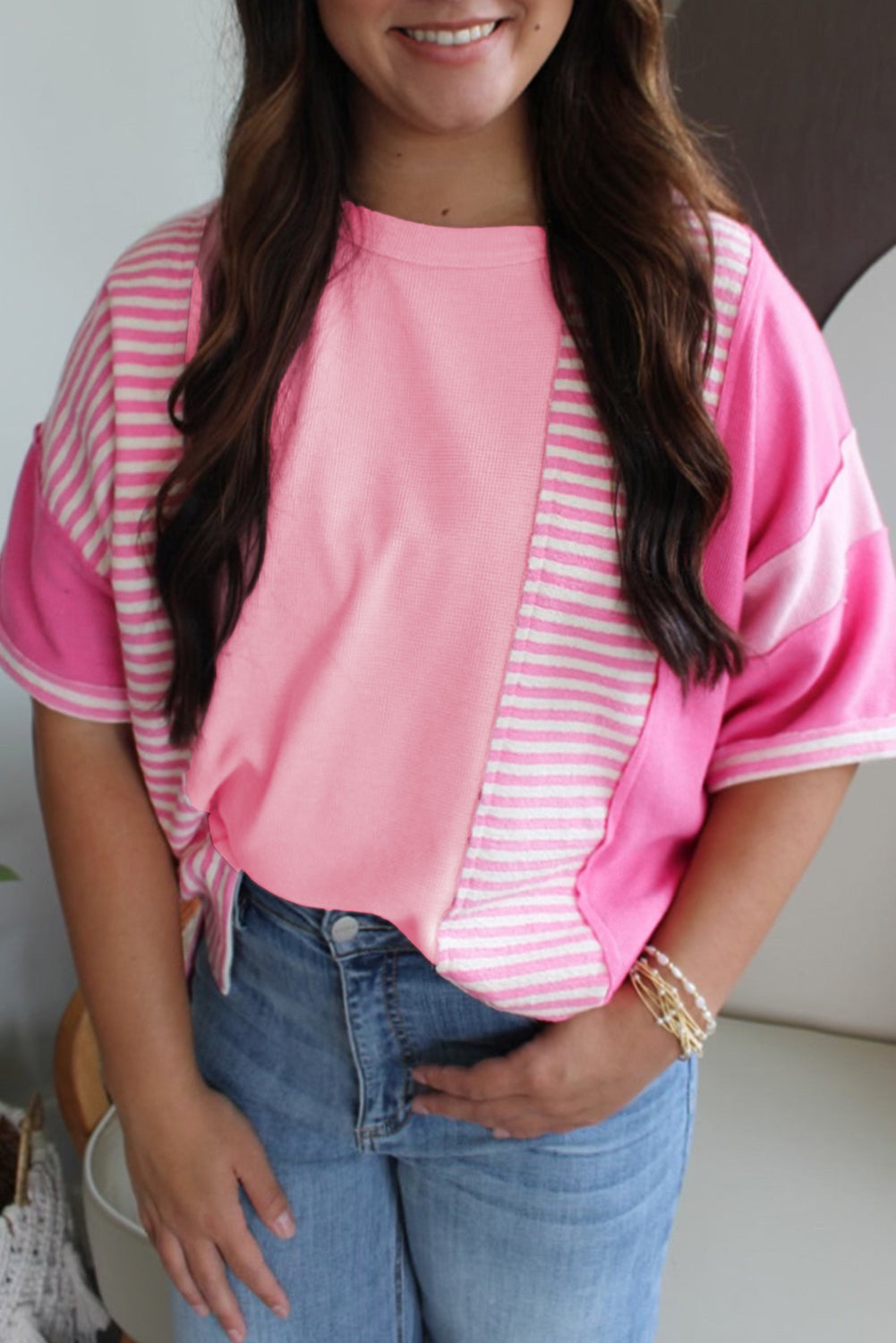 Pink Stripe Color Block Patchwork Loose Half Sleeve T Shirt BB Fashion Outlet