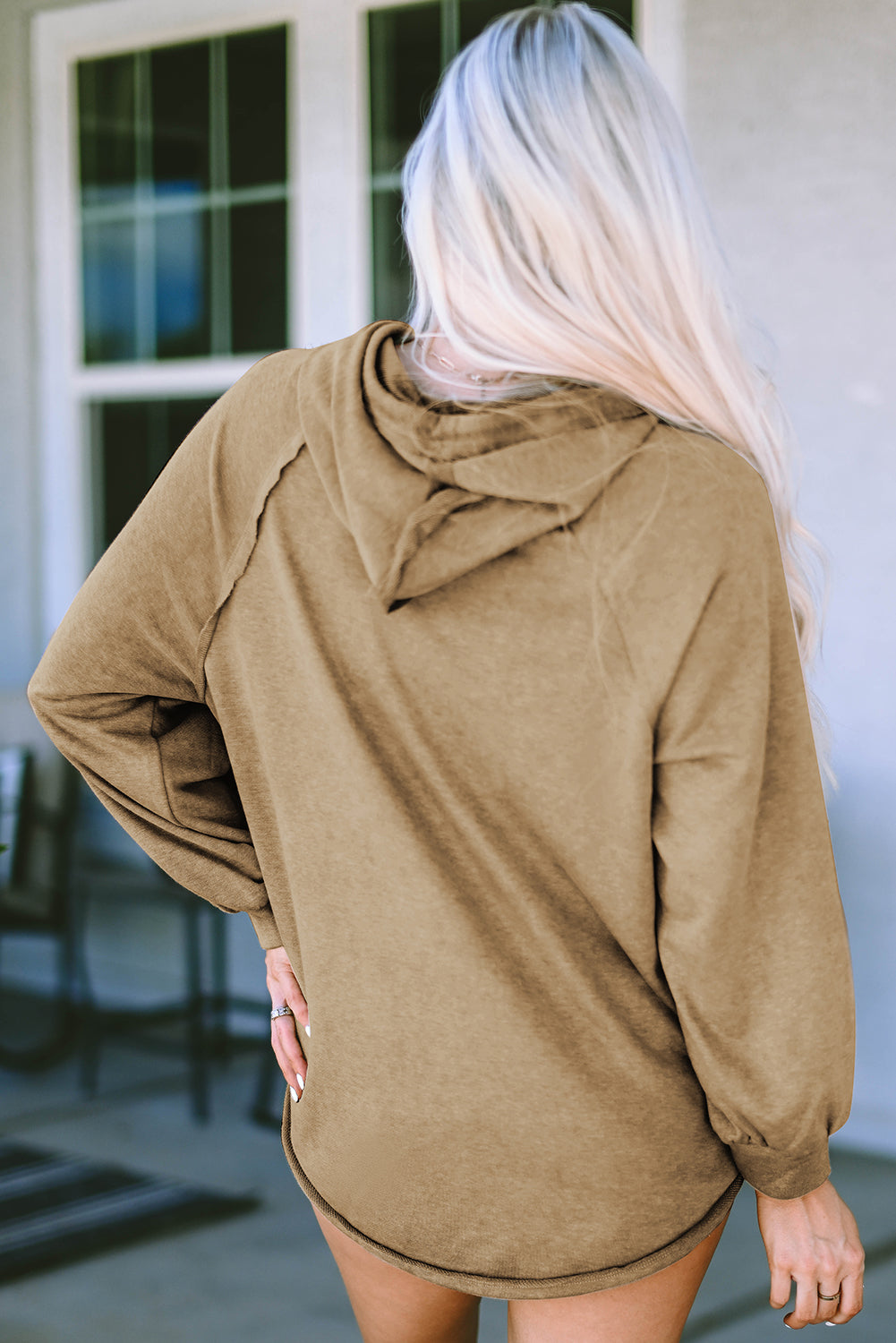 Khaki Waffled Expose Seam Drawstring Hoodie eAura
