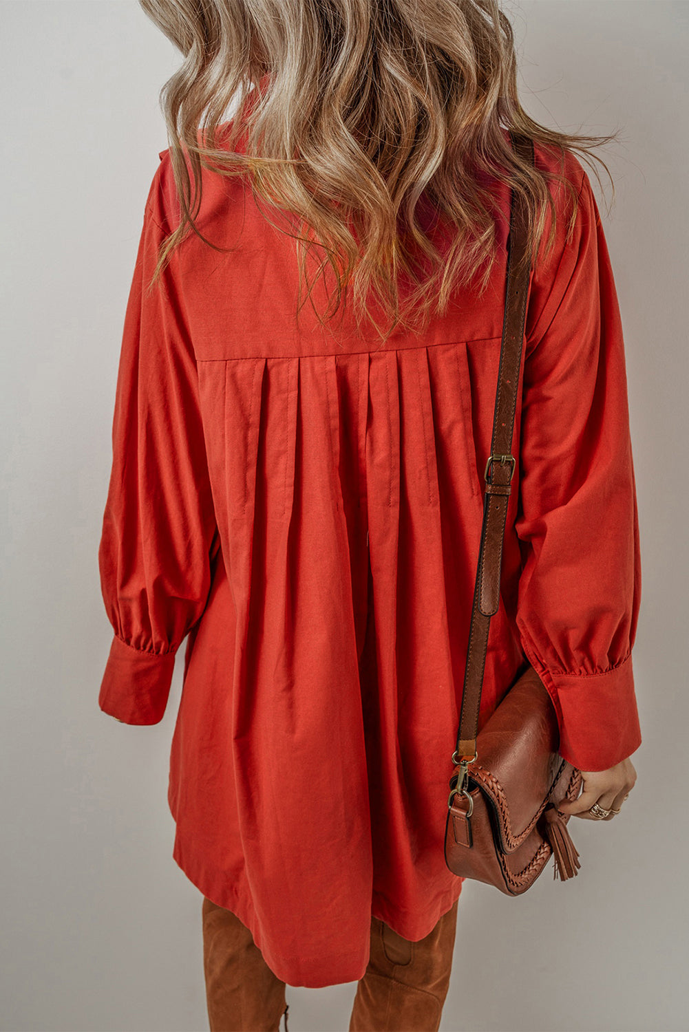 Tomato Red Bishop Sleeve Button Up Pleated Mini Shirt Dress eAura