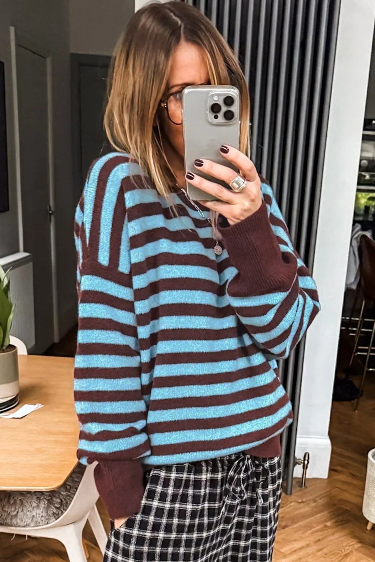 Color Block Loose Crew Neck Cuffed Sweater – Brown Stripe