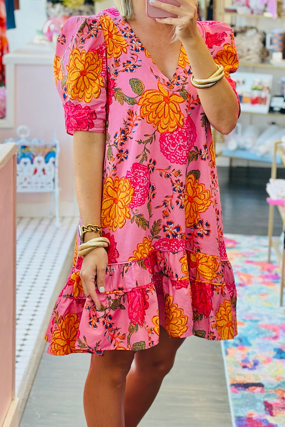 Pink Floral Bubble Sleeve V Neck Ruffled Mini Dress eAura