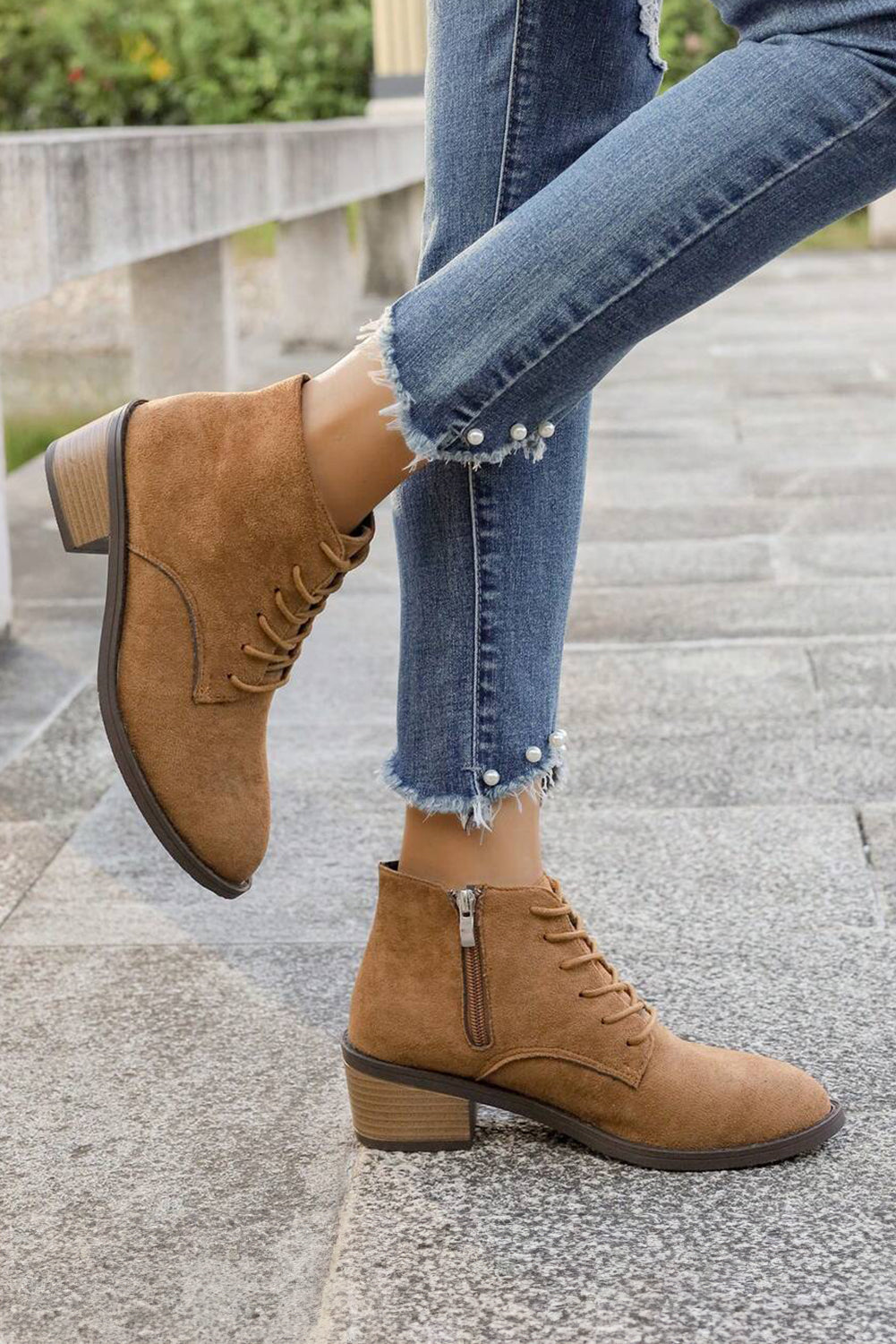 Chestnut Suede Zip Side Lace Up Ankle Boots - eAura