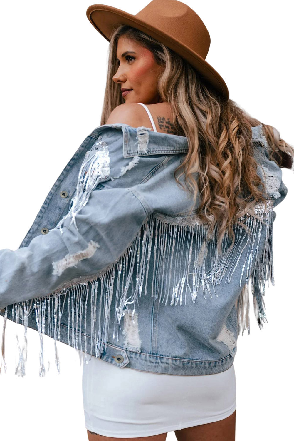 Sky Blue Sequin Embellished Fringe Distressed Denim Jacket Beagle Boutique Fashion Outlet