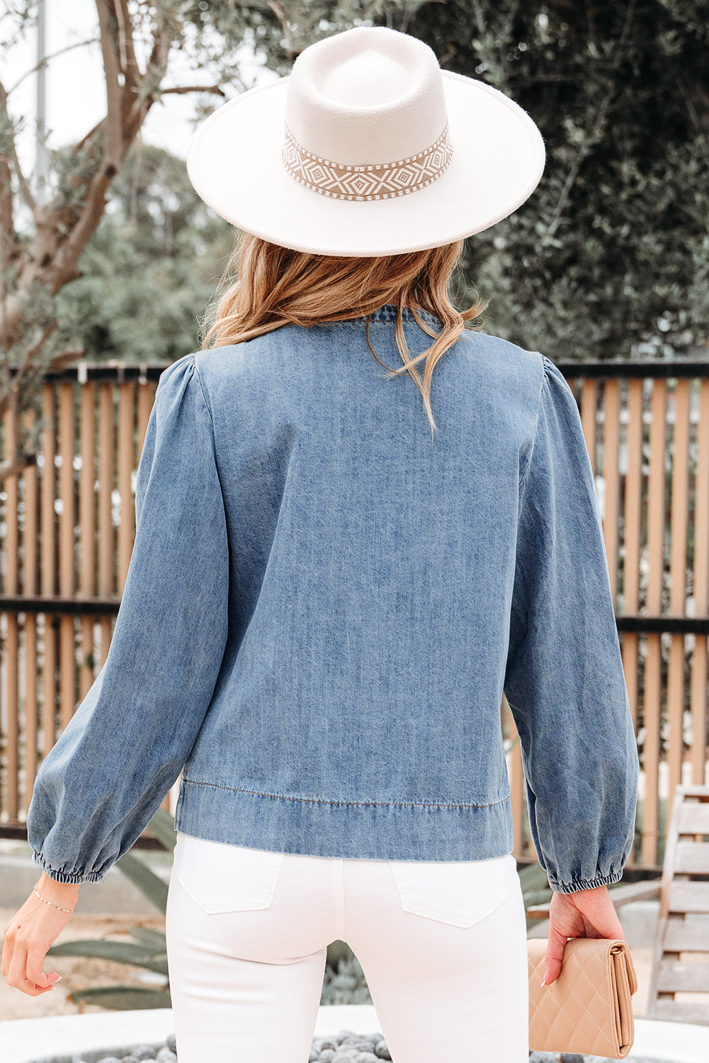 Tied Front Long Puff Sleeve Denim Top - eAura