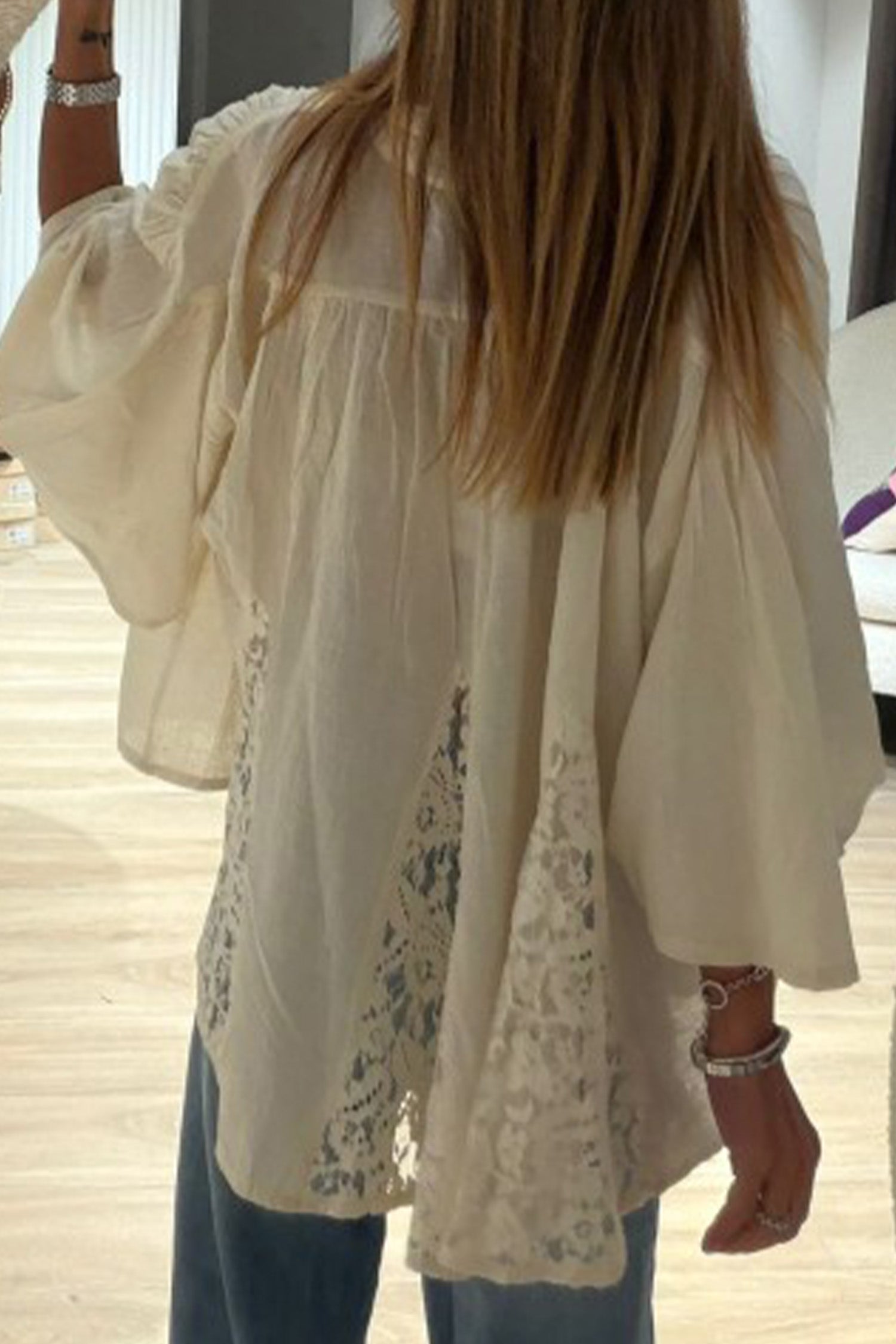 Oatmeal Sheer Lace Splicing Detail Bracelet Sleeve Loose Flowy Shirt – Beige