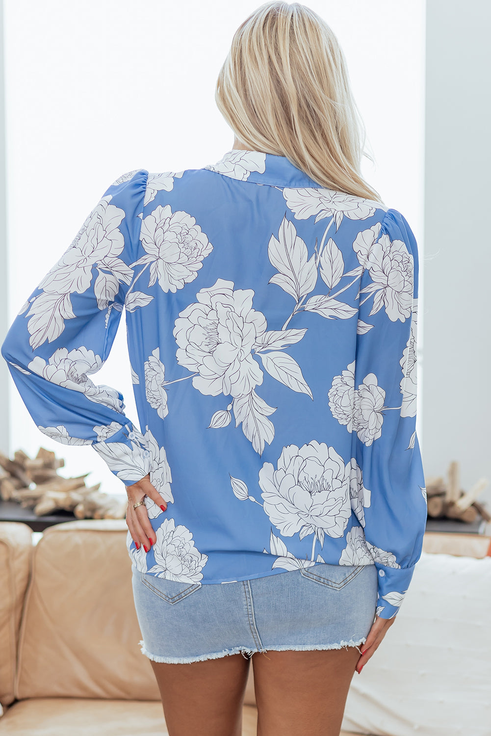 Floral Print Button Up Pleated Detail Puff Sleeve Shirt - eAura