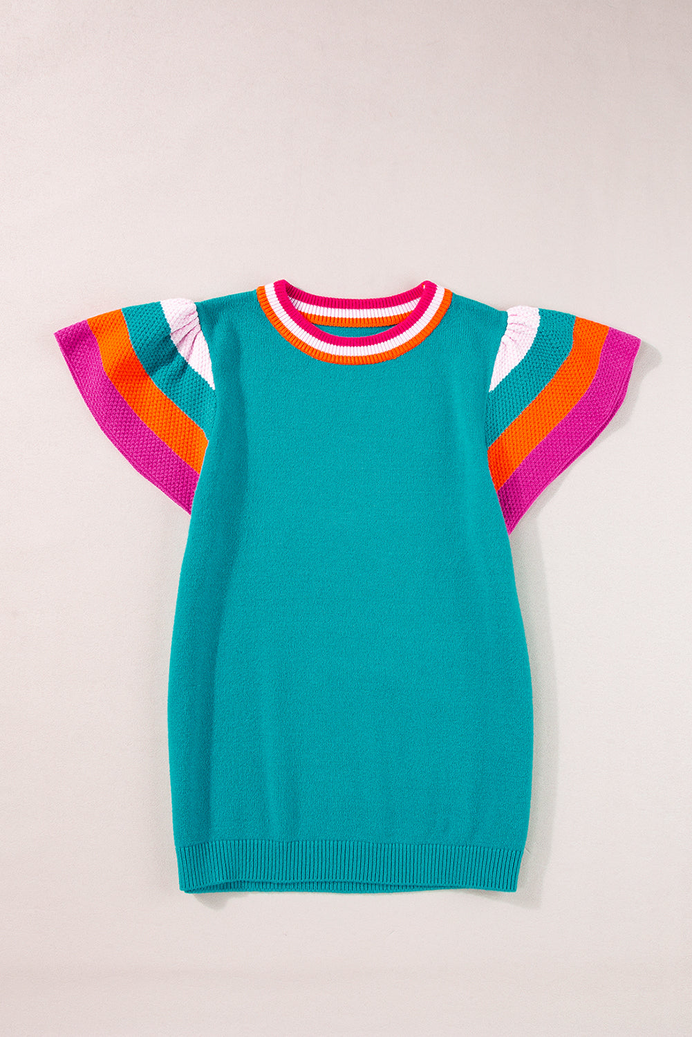 Turquoise Contrast Flutter Sleeves Knitted Sweater T Shirt eAura