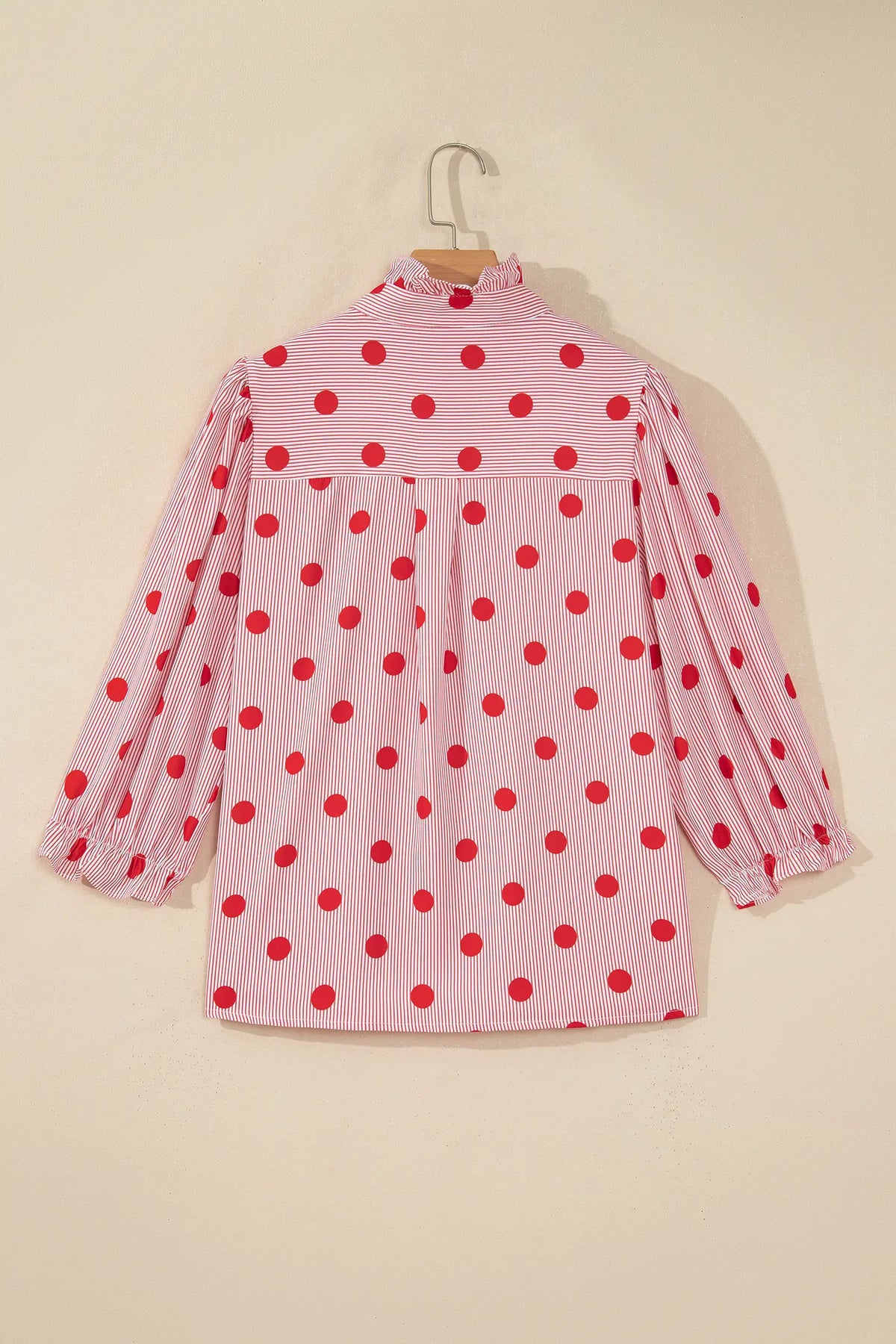 Polka Dot Striped Print Ruffle Stand Neck 3/4 Sleeve Shift Shirt – Fiery Red