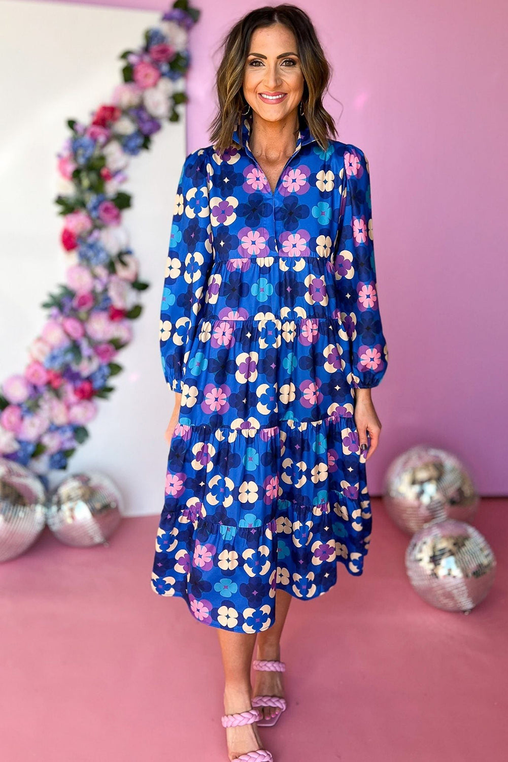 Blue Floral Peasant Sleeve Tiered Ruffle Midi Dress eAura