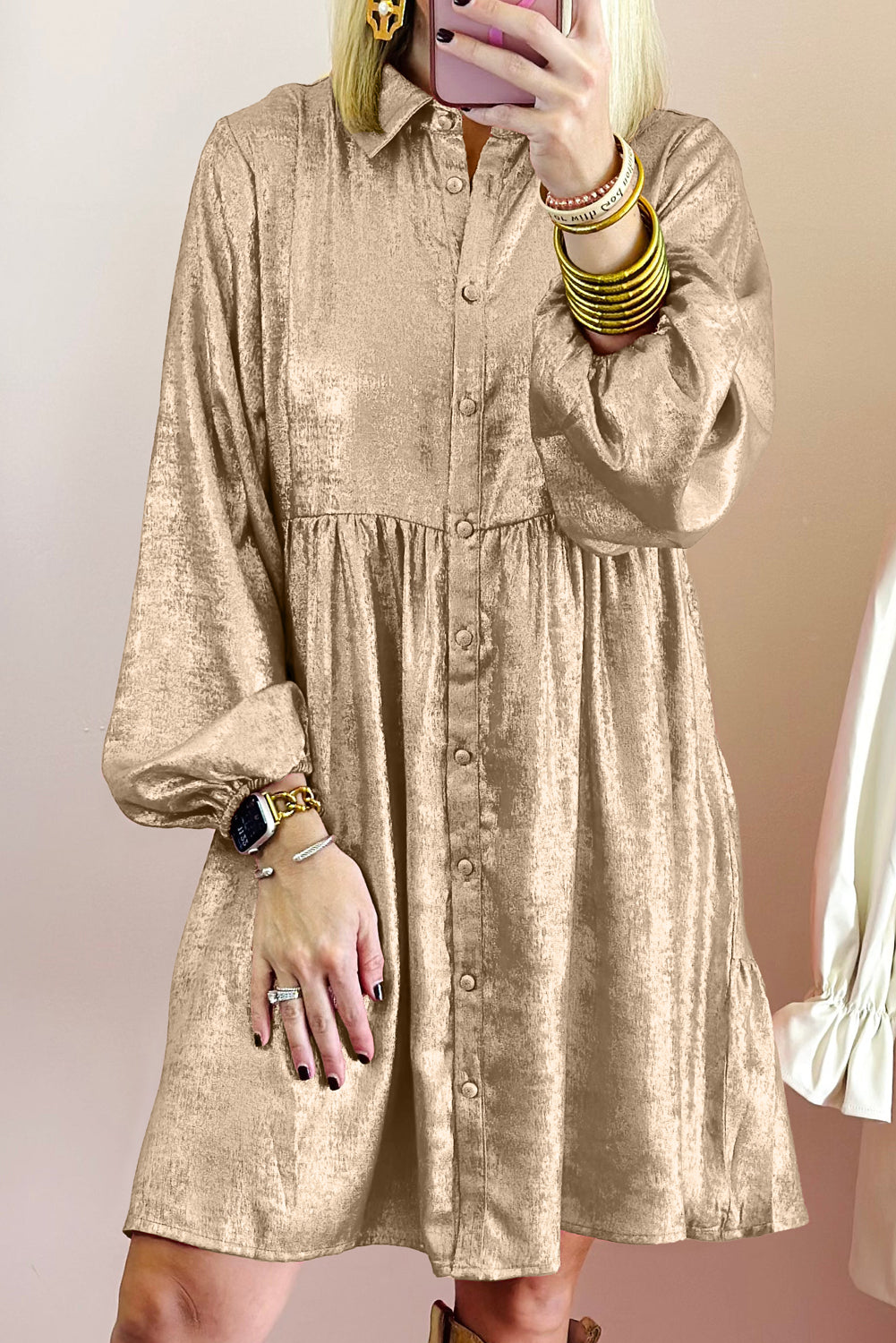 Peach Blossom Metallic Sheen Puff Sleeve Button Up Mini Shirt Dress eAura