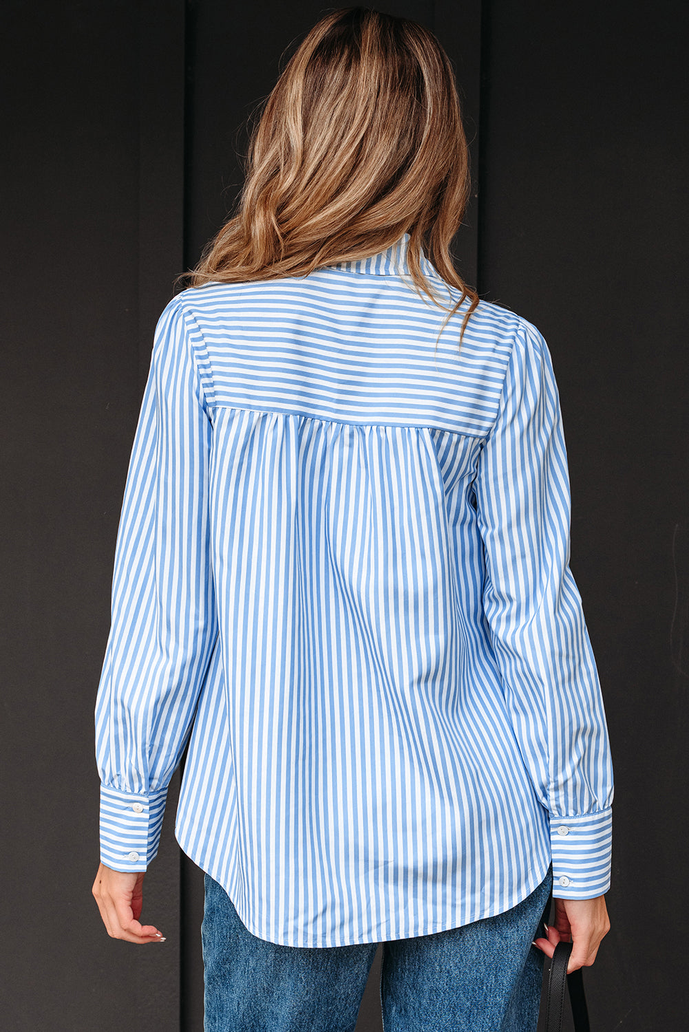 Stripe Shirred Half Placket Collared Long Sleeve Shirt - eAura