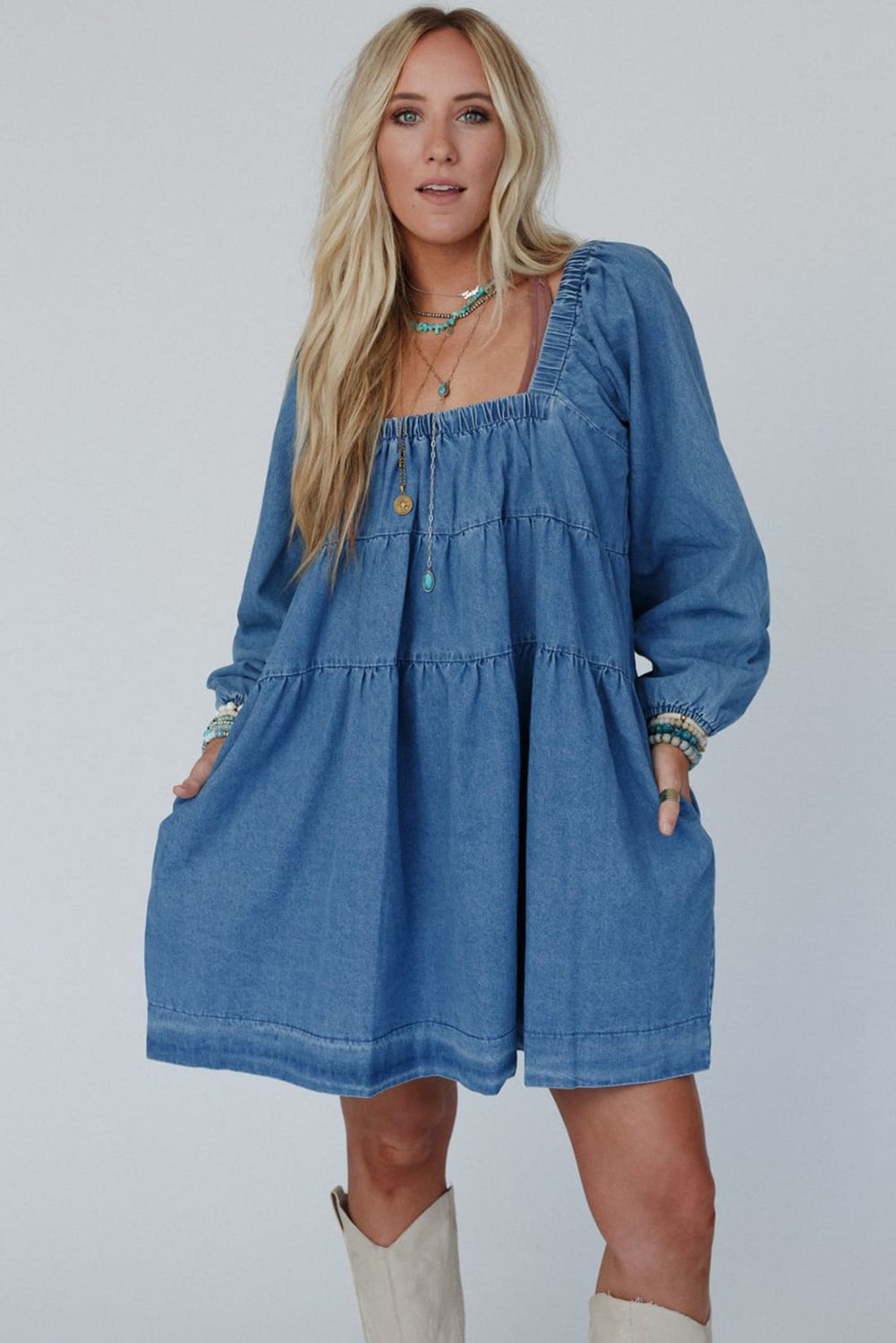 Dusk Blue Square Neck Side Pockets Loose Fit Denim Mini Dress Beagle Boutique Fashion Outlet
