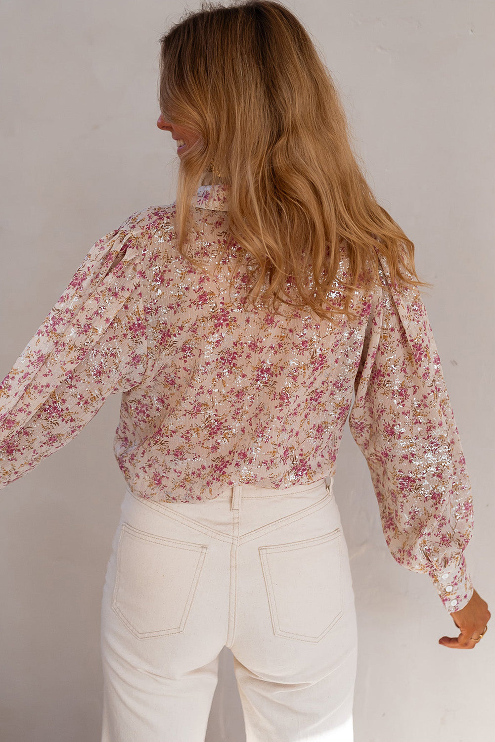 Pink Floral Print Bishop Sleeve Collared V Neck Shirt BB Fashion Outlet