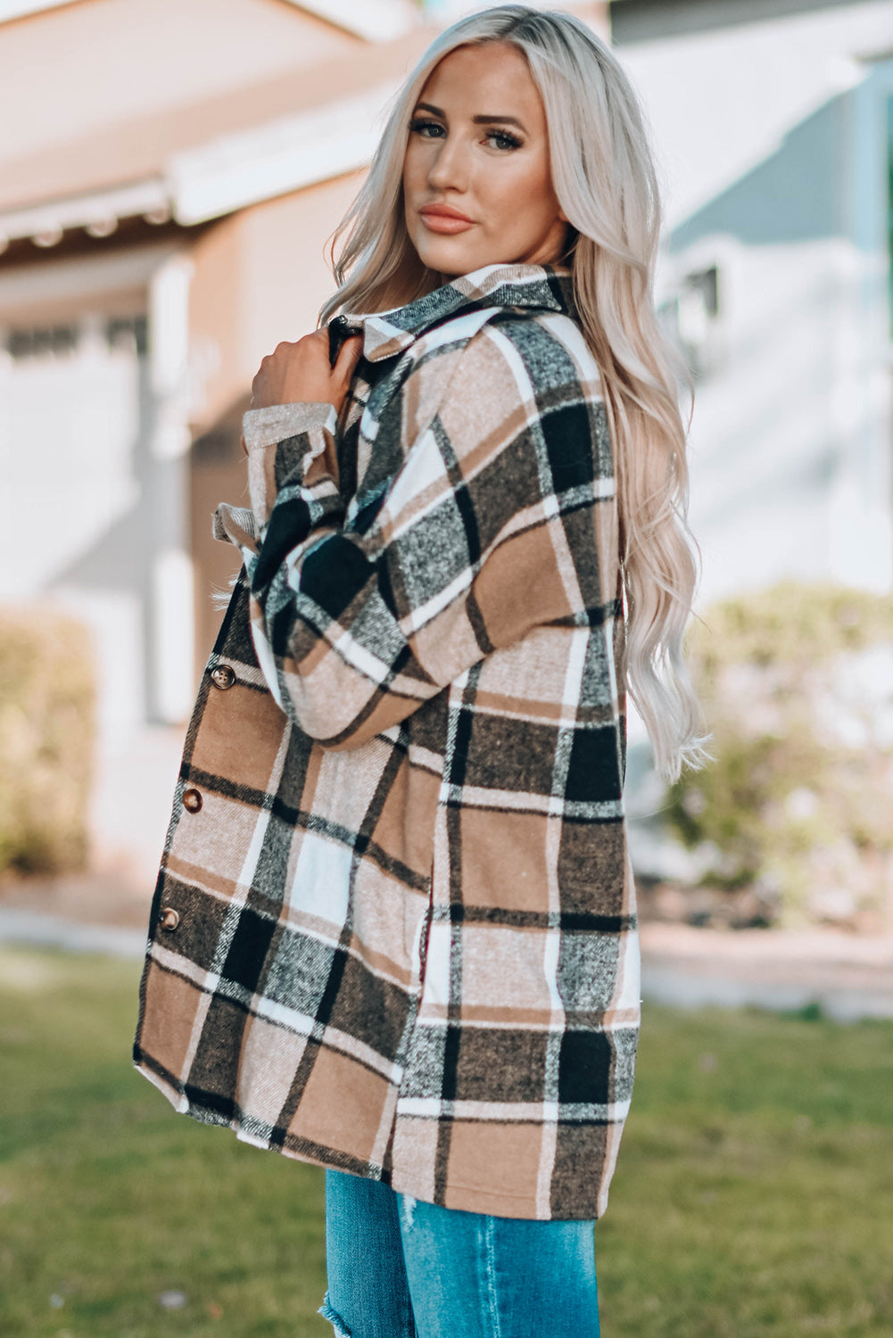 Plaid Print Buttoned Shirt Jacket Beagle Boutique Fashion Outlet