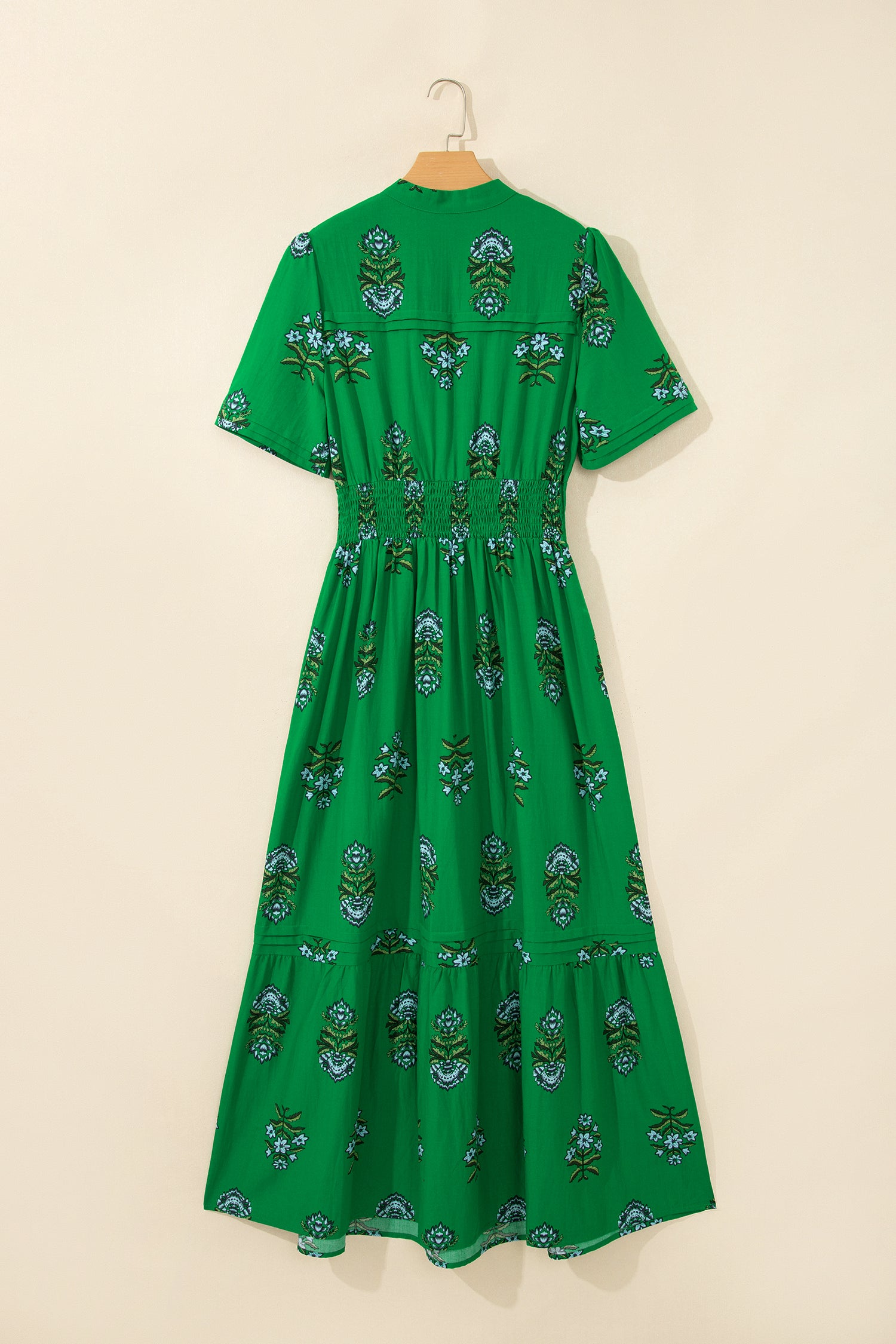 Floral Print Split Neck Shirred Waist Ruffle Hem Maxi Dress