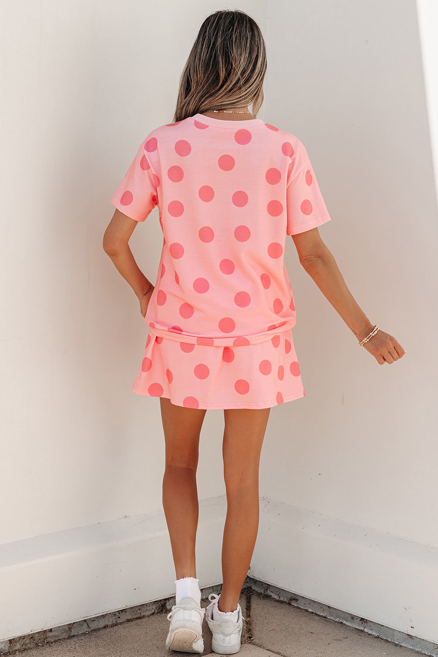 Polka Dot Short Sleeve Top Casual Skort 2pcs Outfit – White