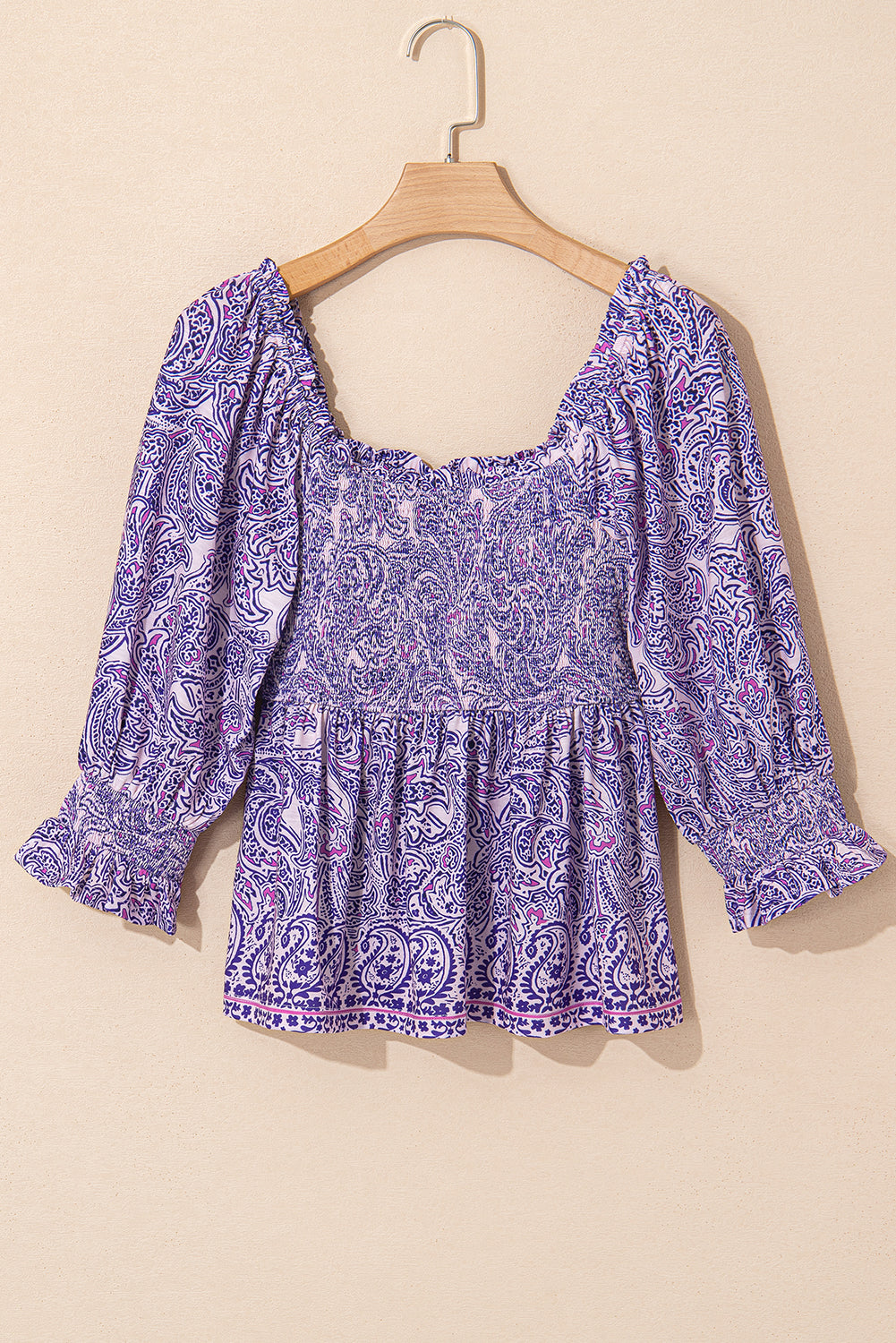 Purple Boho Paisley Print Half Sleeve Shirred Peplum Blouse - eAura