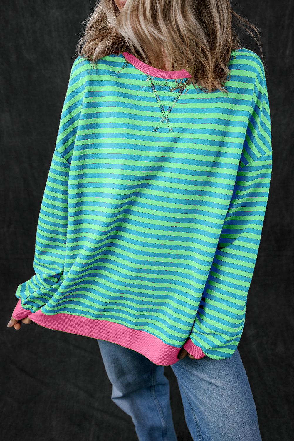 Sky Blue Stripe Oversized Contrast Trim Pullover Sweatshirt BB Fashion Outlet