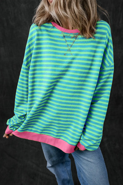 Sky Blue Stripe Oversized Contrast Trim Pullover Sweatshirt - S / 95% Cotton + 5% Elastane - Tops/Sweatshirts & Hoodies
