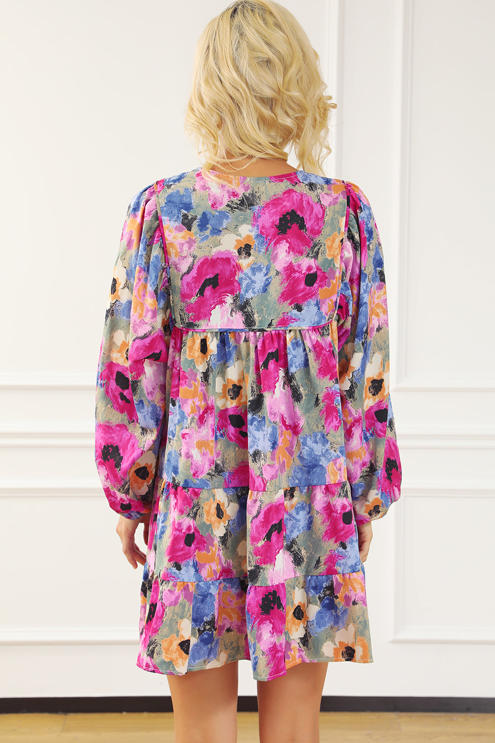Multicolour Floral Tie Neck Bubble Sleeve Shift Dress eAura