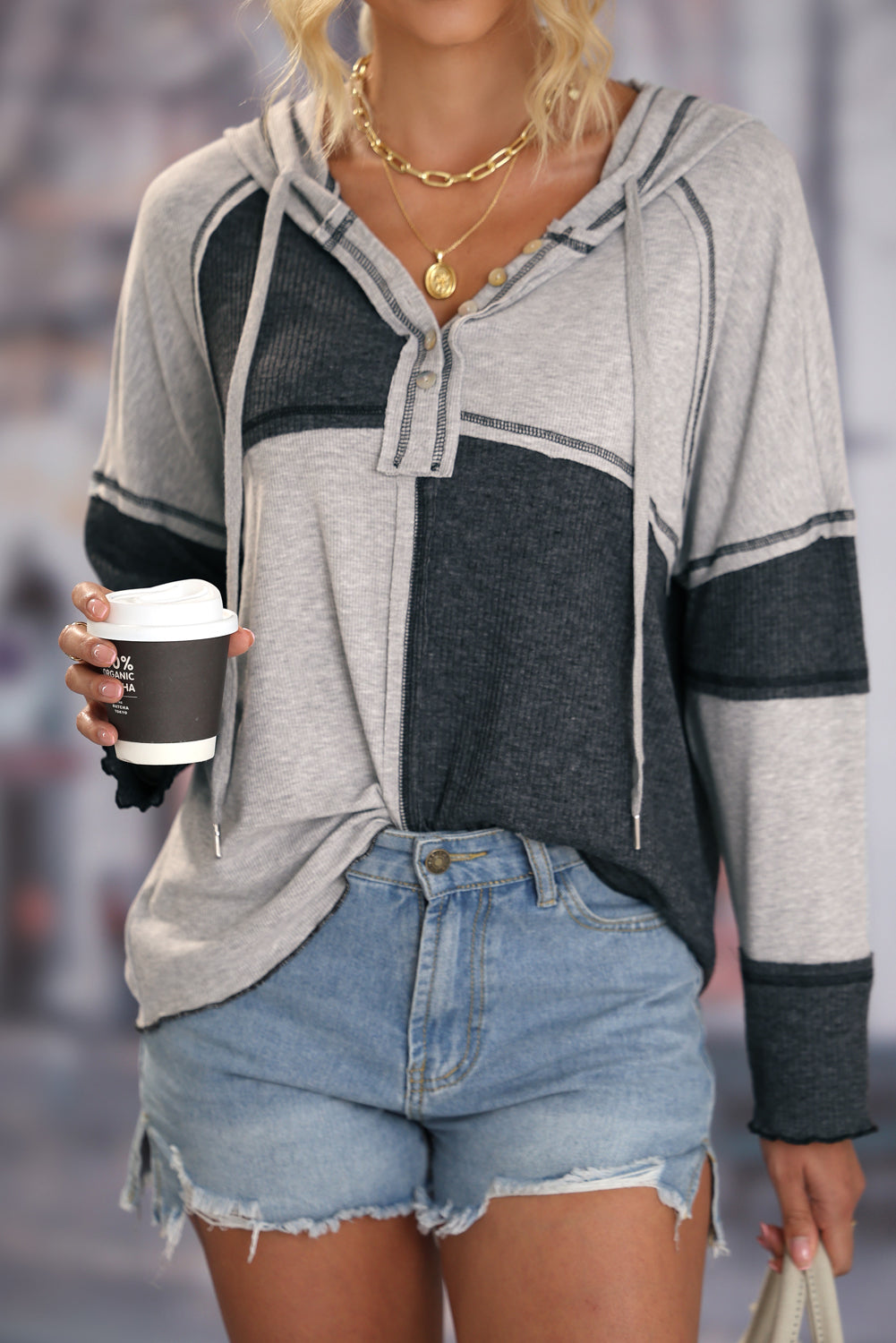 Grey Colourblock Seamed Ribbed Henley Hoodie eAura