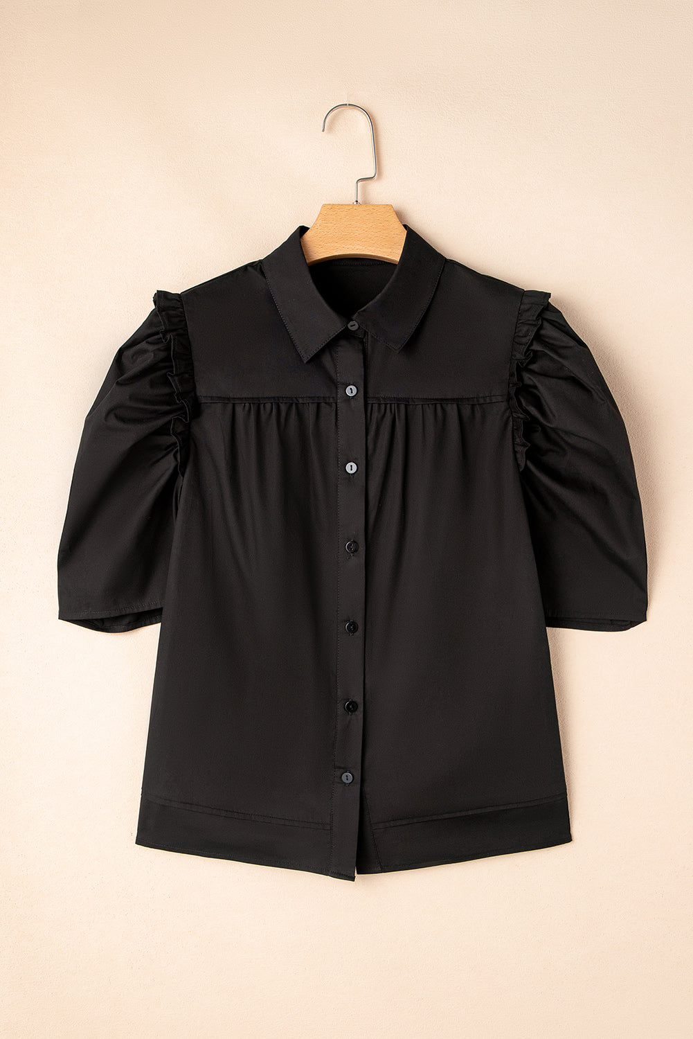 Black Ruffled Puff Sleeve Stylish Collared Shirt eAura